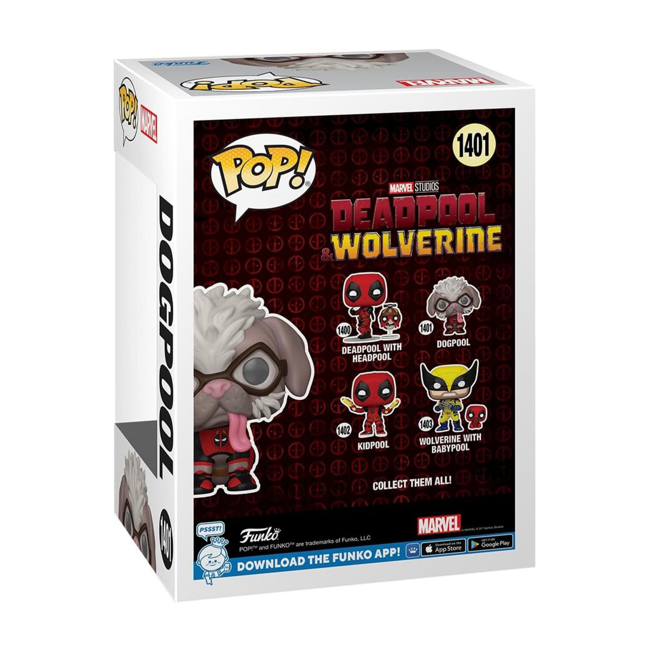 Caja Funko Pop con figuras de Deadpool y Wolverine: Dogpool, Deadpool, Kidpool, Wolverine.
