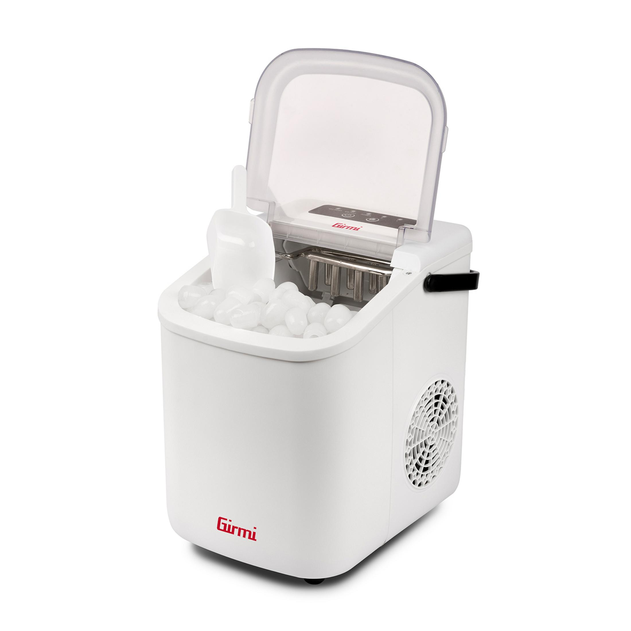 Biała maszyna do lodu wypełniona kostkami lodu i łopatką.