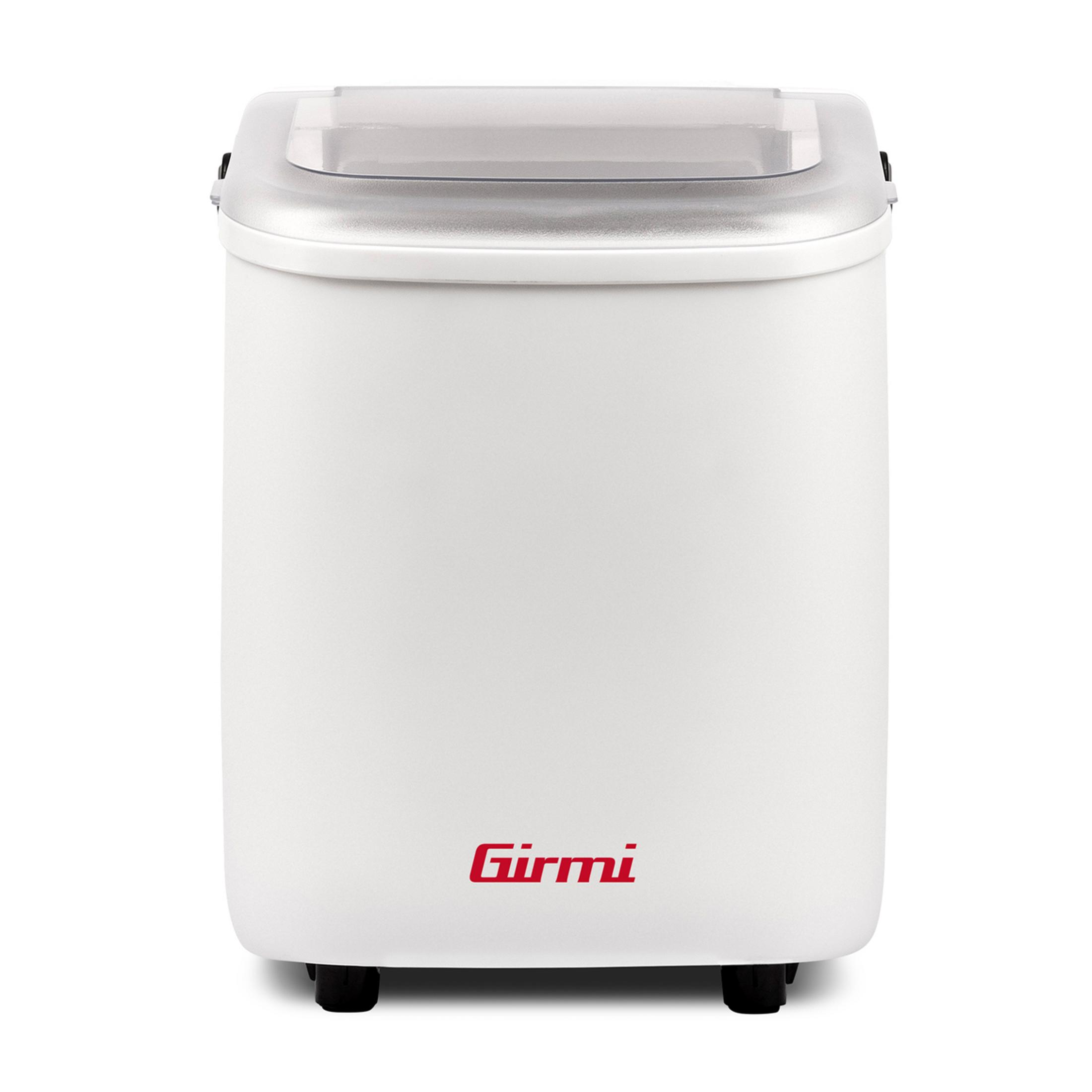 Biała maszyna do lodów z przezroczystą pokrywką i czerwonym logo Girmi.