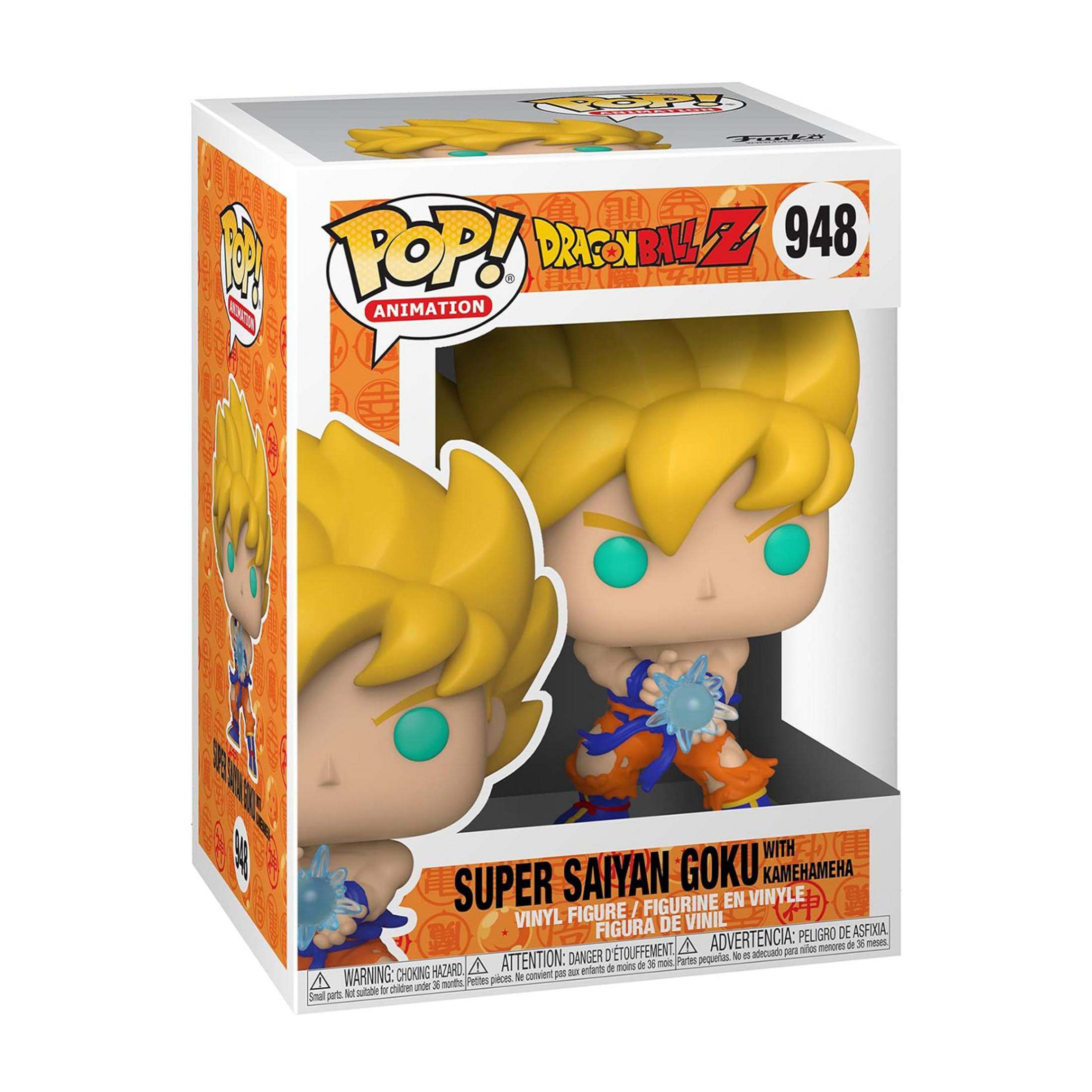 Action figure in vinile Funko Pop! di Super Saiyan Goku con attacco Kamehameha.