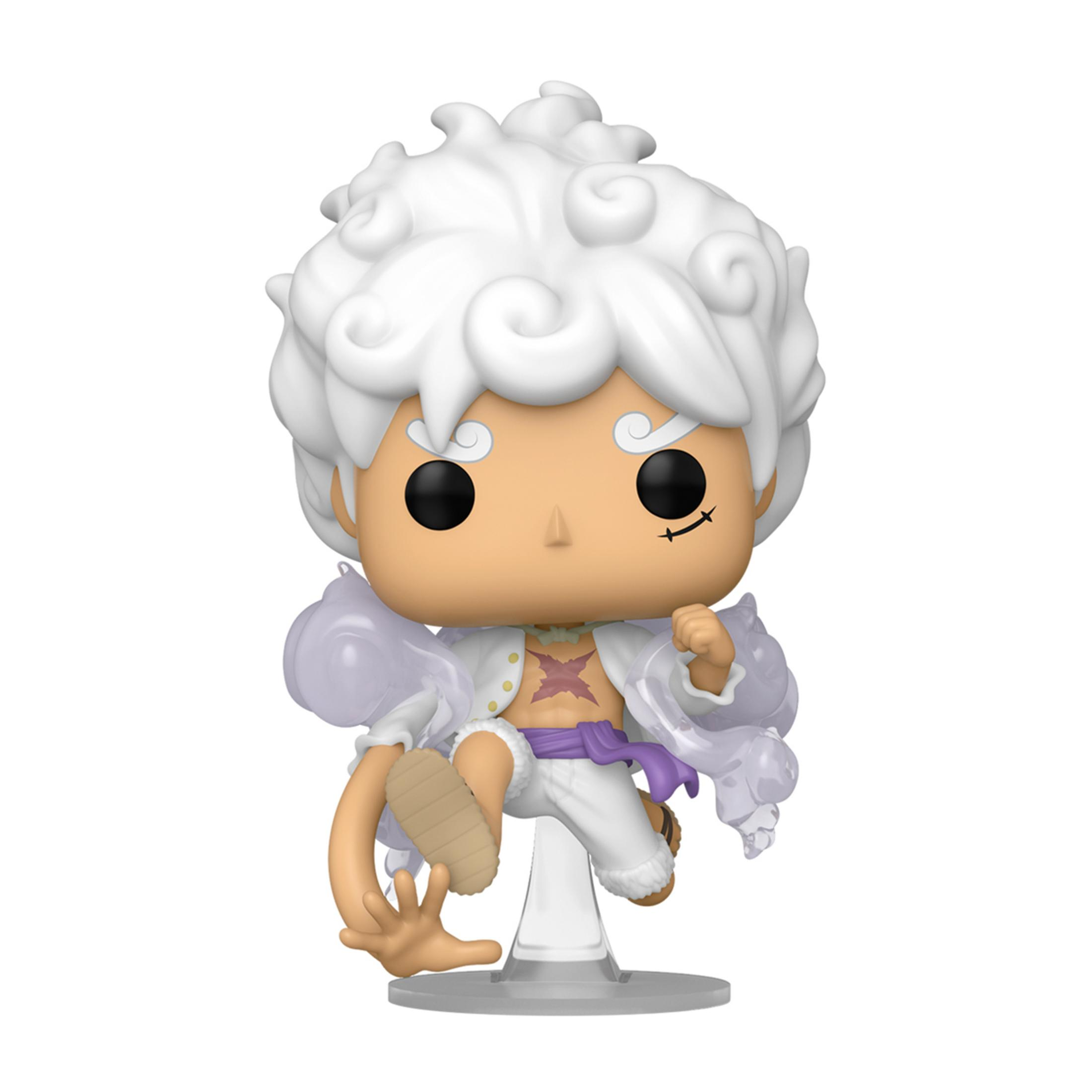 Una figura de anime blanca con cabello esponjoso y acentos morados está en una base.
