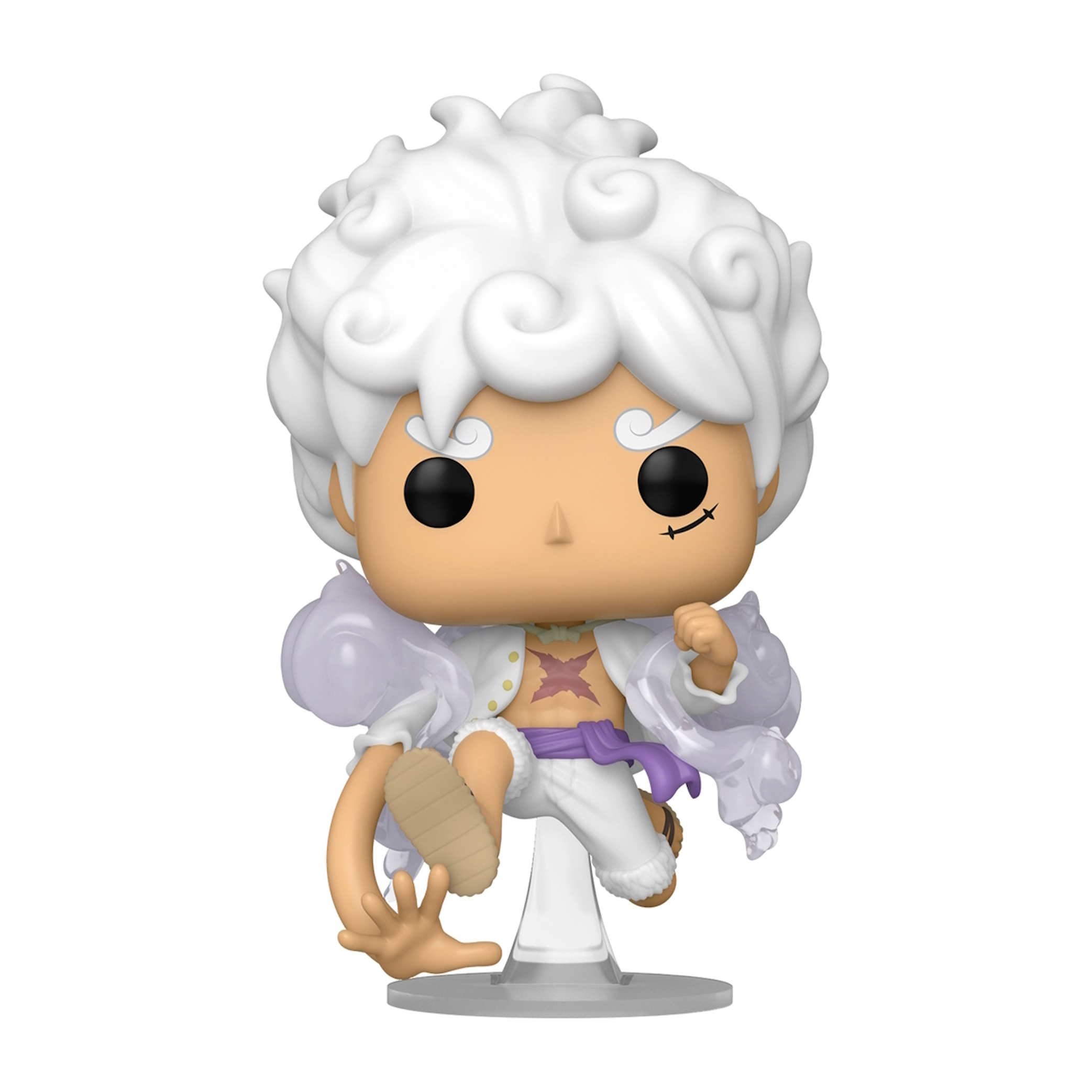 Una figura blanca con pelo blanco, ropa blanca y cinturón morado.
