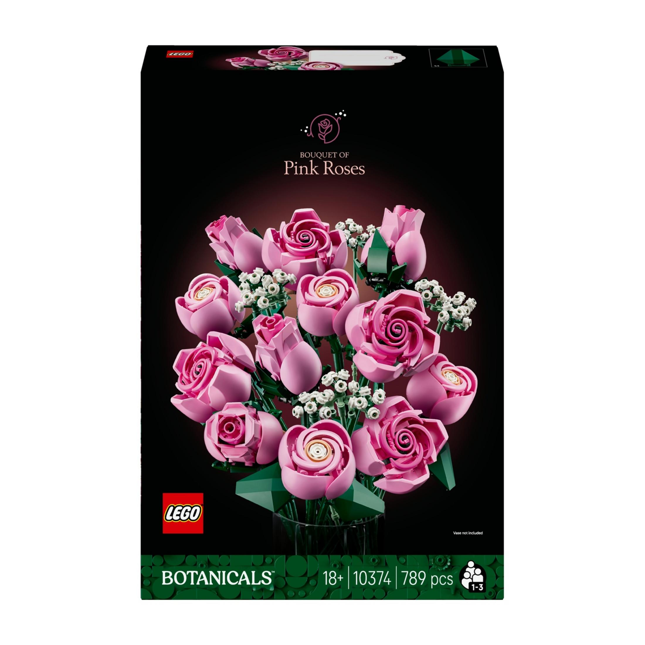 Zestaw Lego z bukietem różowych róż i małymi białymi kwiatami w wazonie.