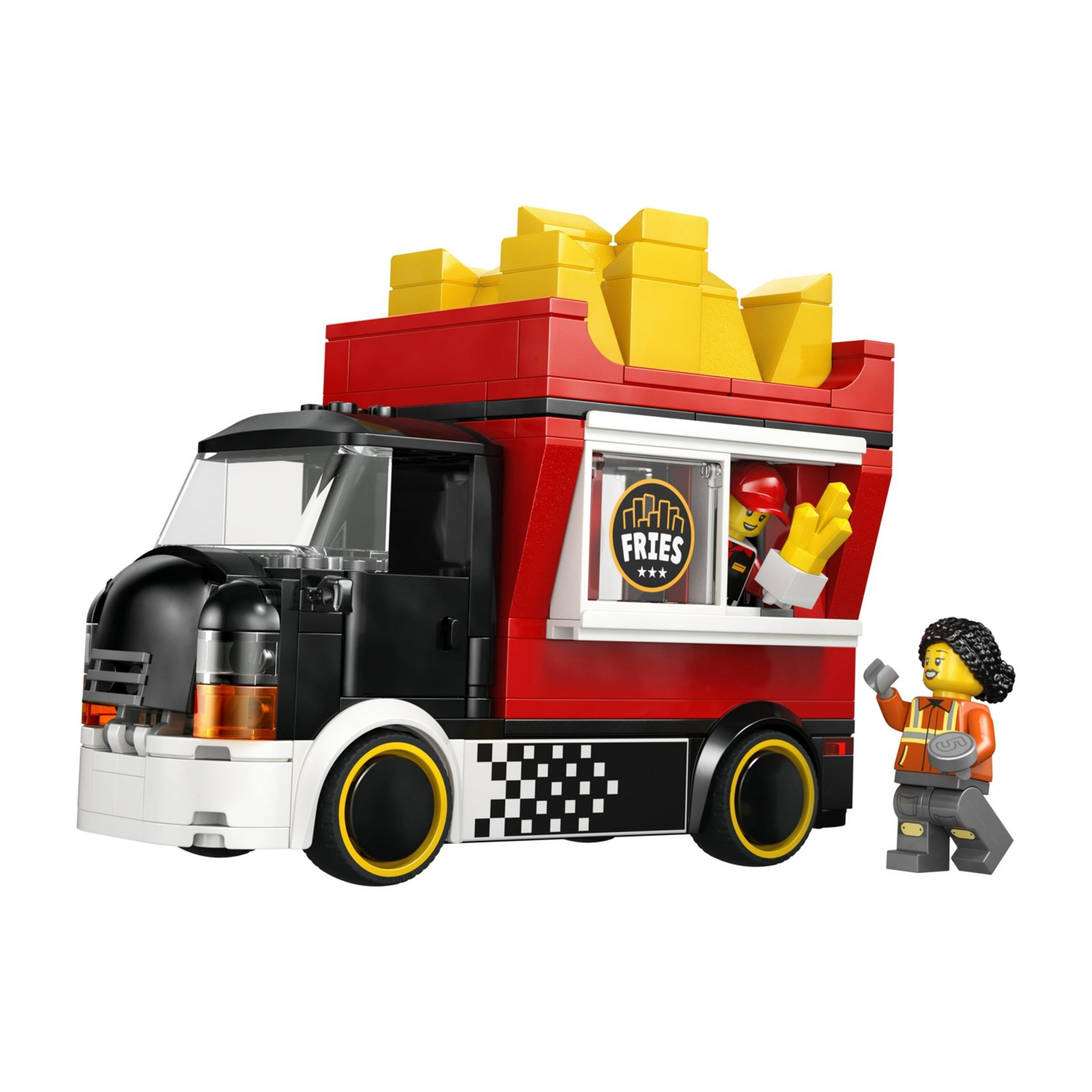 Fries yazılı Lego yemek kamyonu ve satıcı figürü.