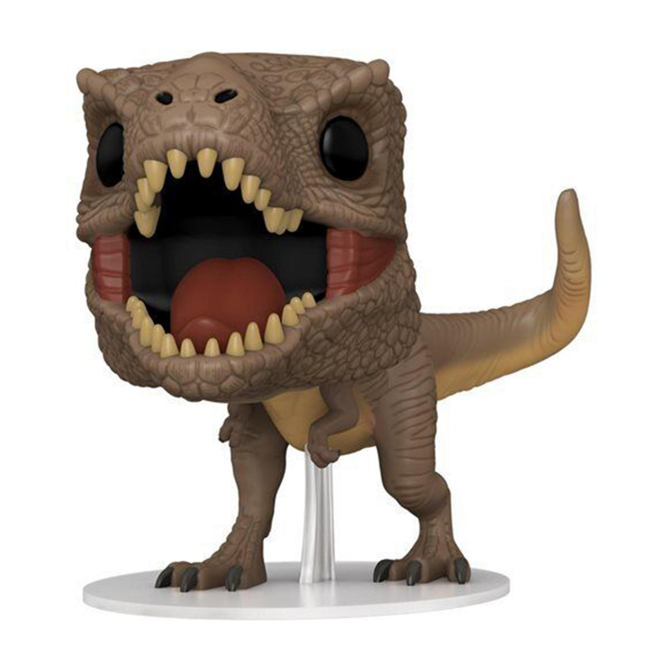 Braune Dino-Figur mit offenem Maul, spitzen Zähnen und rotem Maul. Auf weißem Sockel.