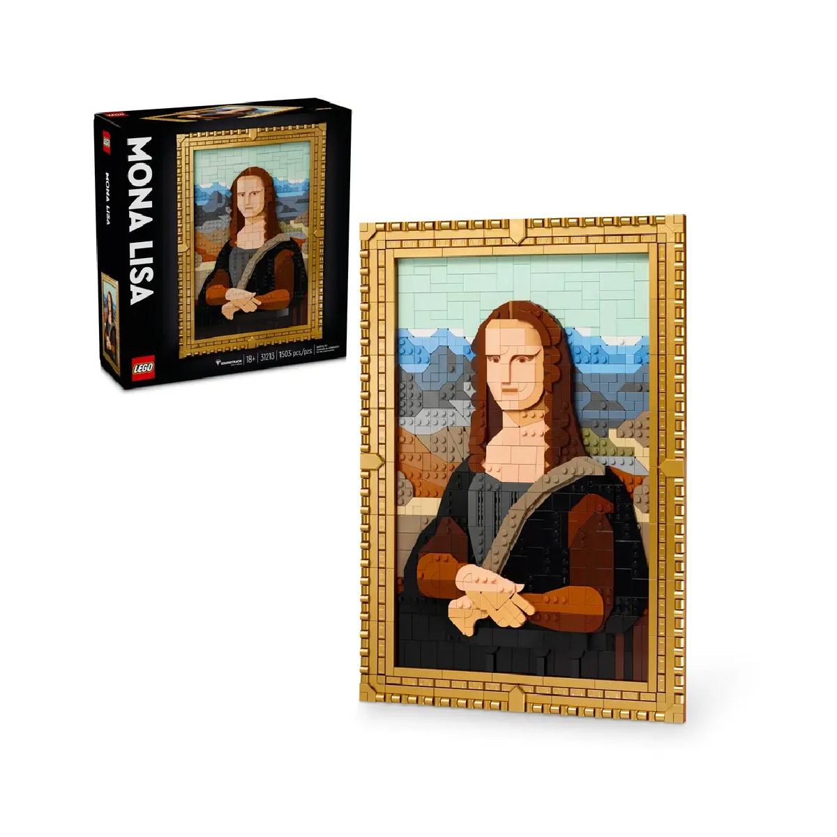 Zestaw LEGO Mona Lisa z obrazem i pudełkiem. Złota ramka, brązowe włosy.