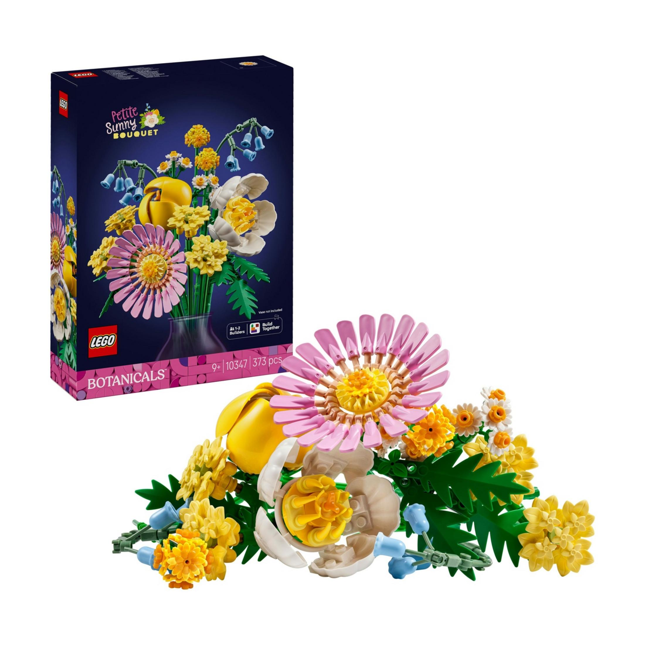 Bukiet LEGO z żółtymi, białymi i różowymi kwiatami oraz dzwonkami.