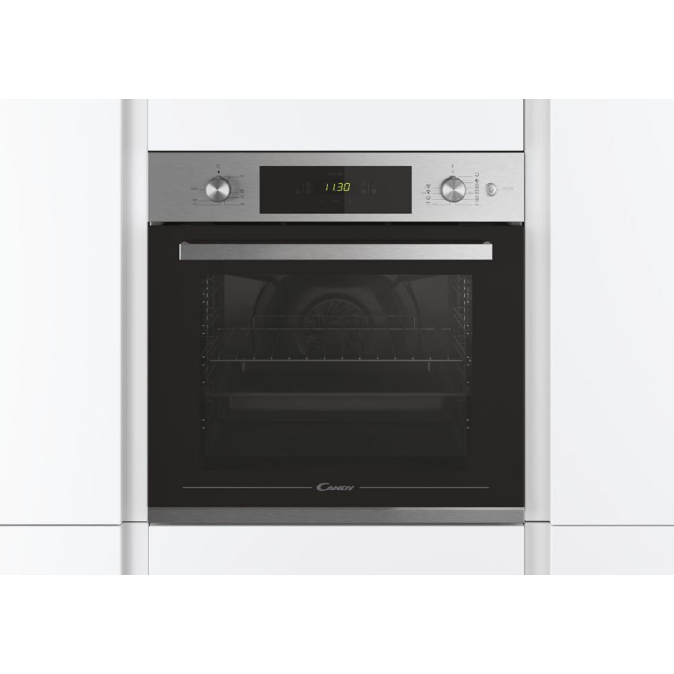 Un forno da incasso moderno con pannello di controllo argentato e porta in vetro nero.