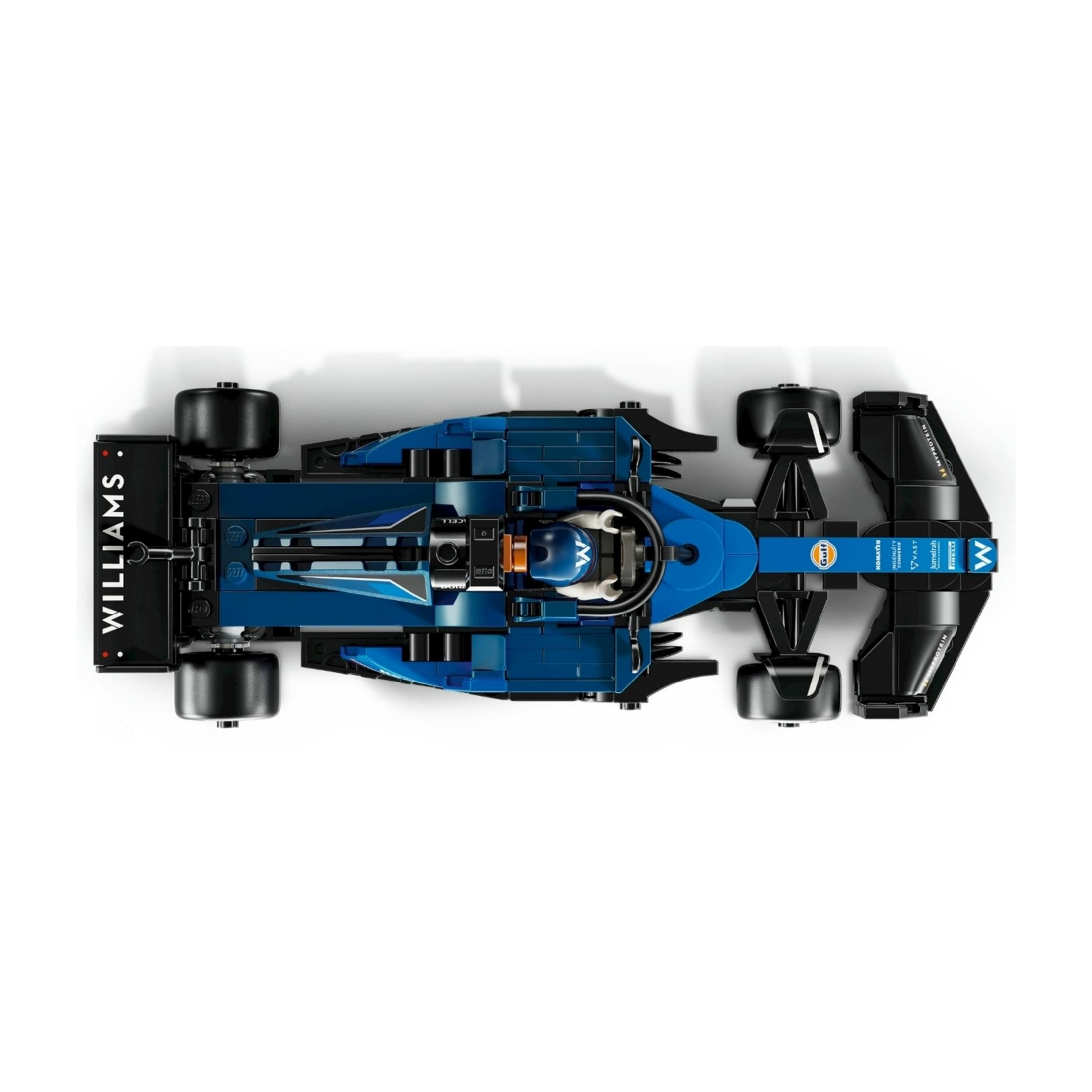 Niebieski samochód wyścigowy Lego Formuły 1 z naklejkami sponsorów, widziany z góry.