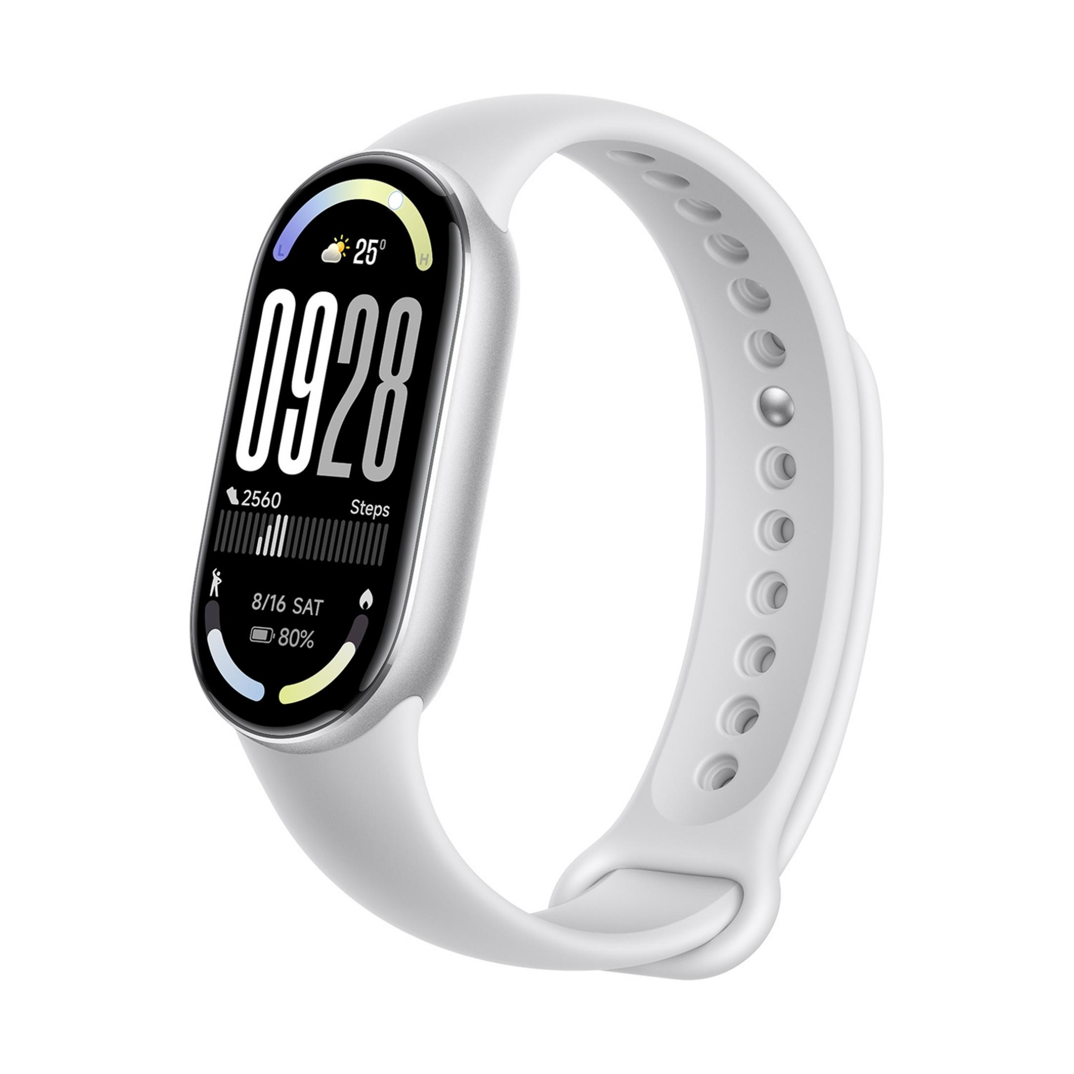 Wit fitnessband met digitaal display: tijd, stappen, datum, batterij.