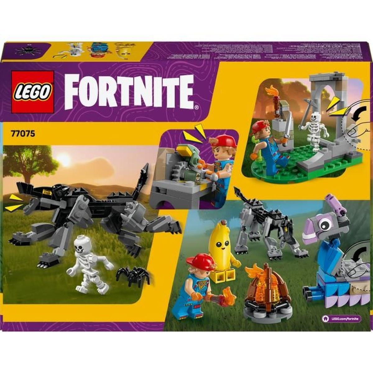 Figürler, kurt, iskelet ve muz karakteri içeren LEGO Fortnite seti.