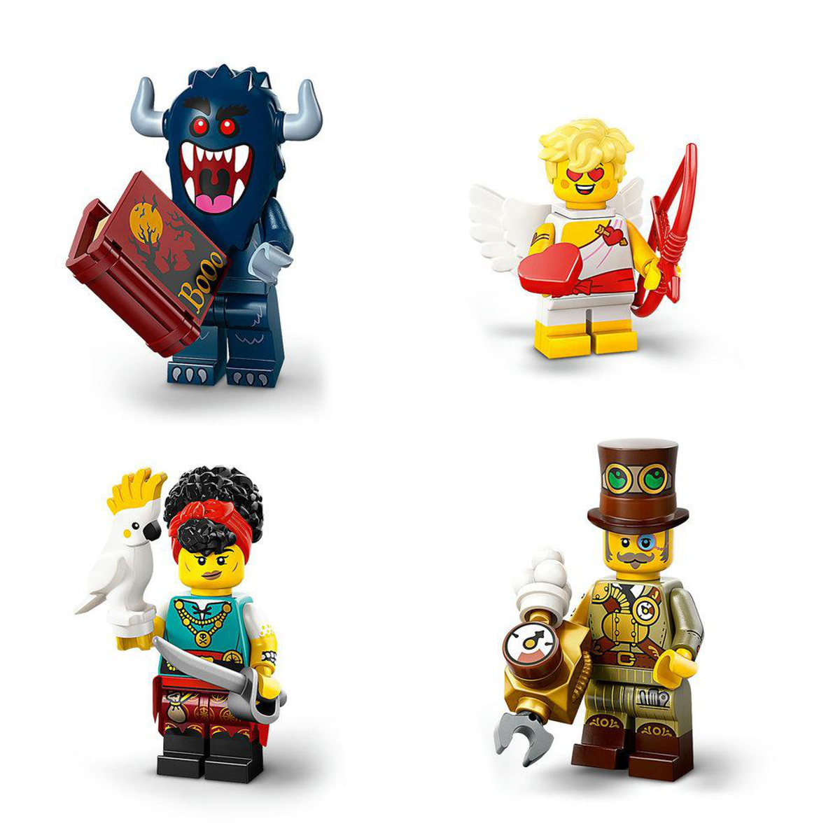 Cztery minifigurki Lego: Potwór z książką, Kupidyn z łukiem, Piratka z papugą, Steampunk.