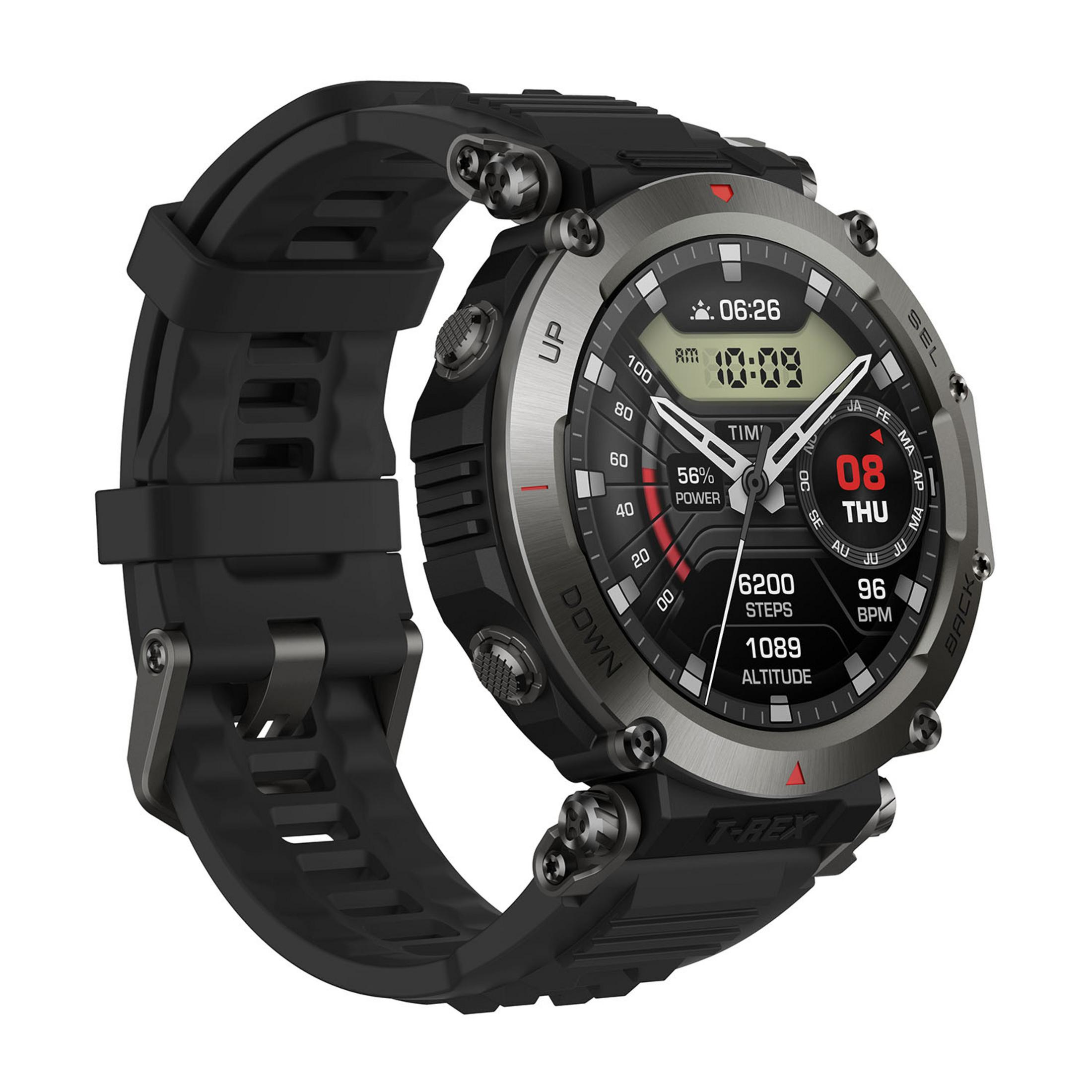 Robuste schwarze Smartwatch mit silbernem Zifferblatt, zeigt 08 THU, 6200 Schritte, 96 BPM.