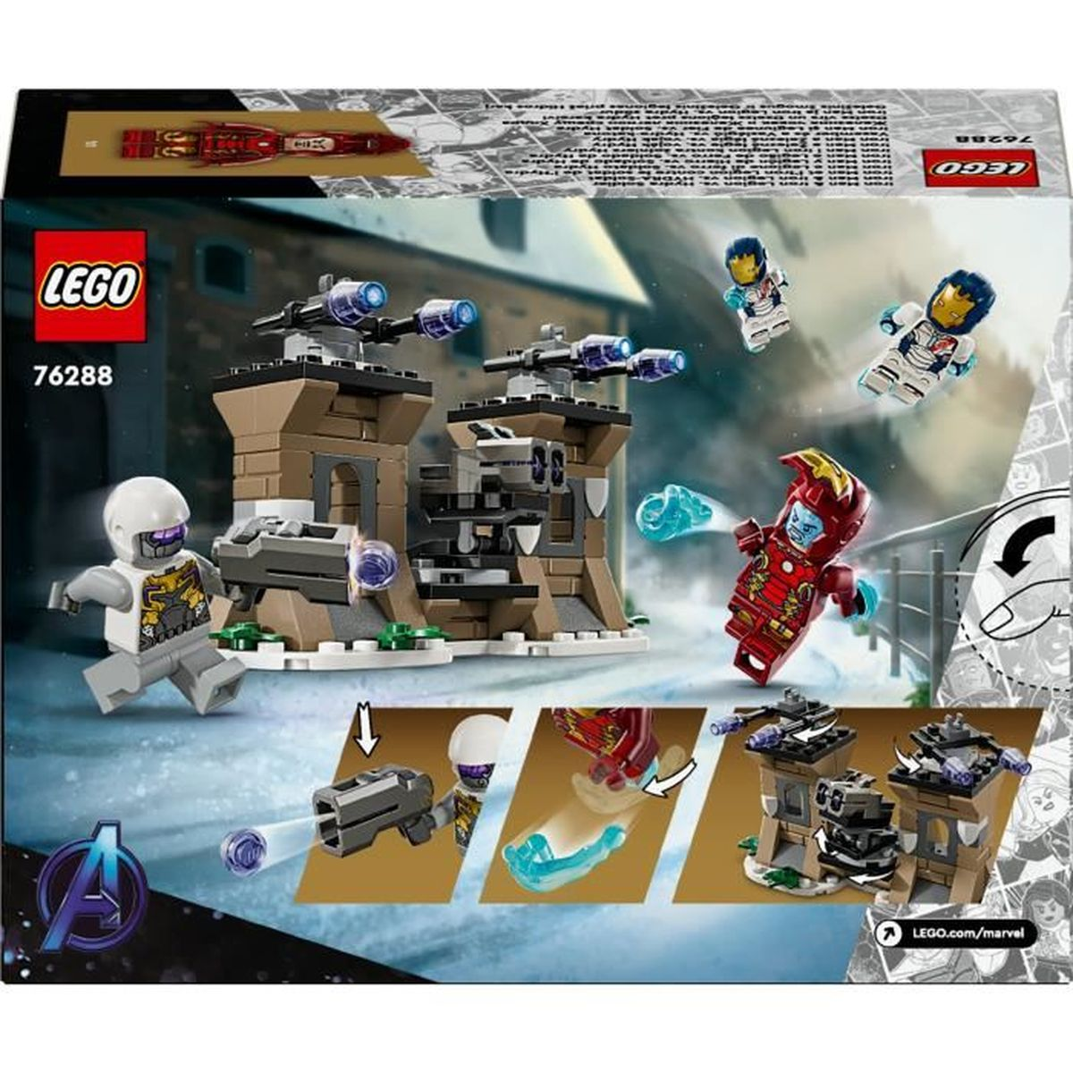 Zestaw LEGO Iron Man z figurkami i wieżami w zimowej scenerii.