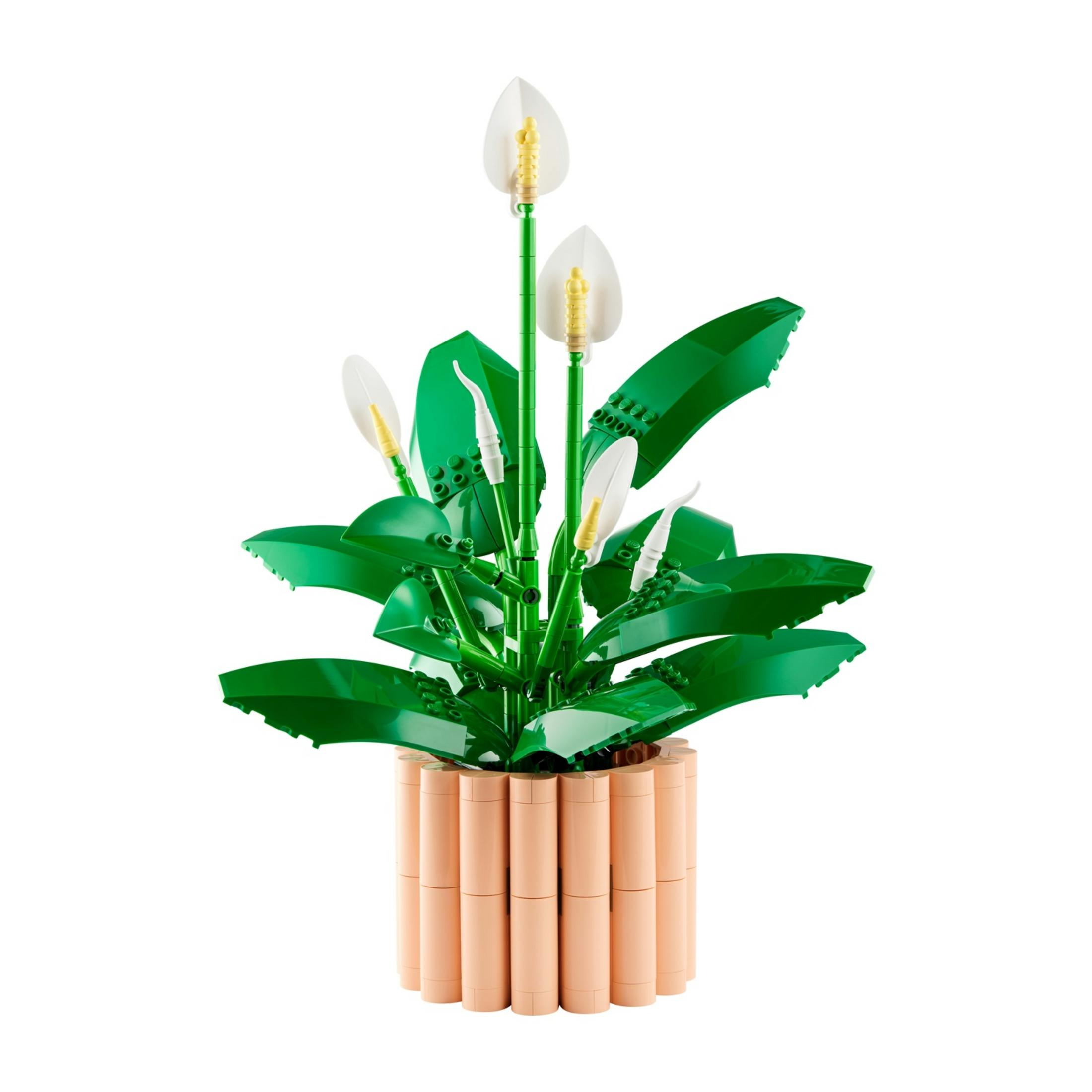 Lirio de la paz de Lego verde con flores blancas en maceta beige.