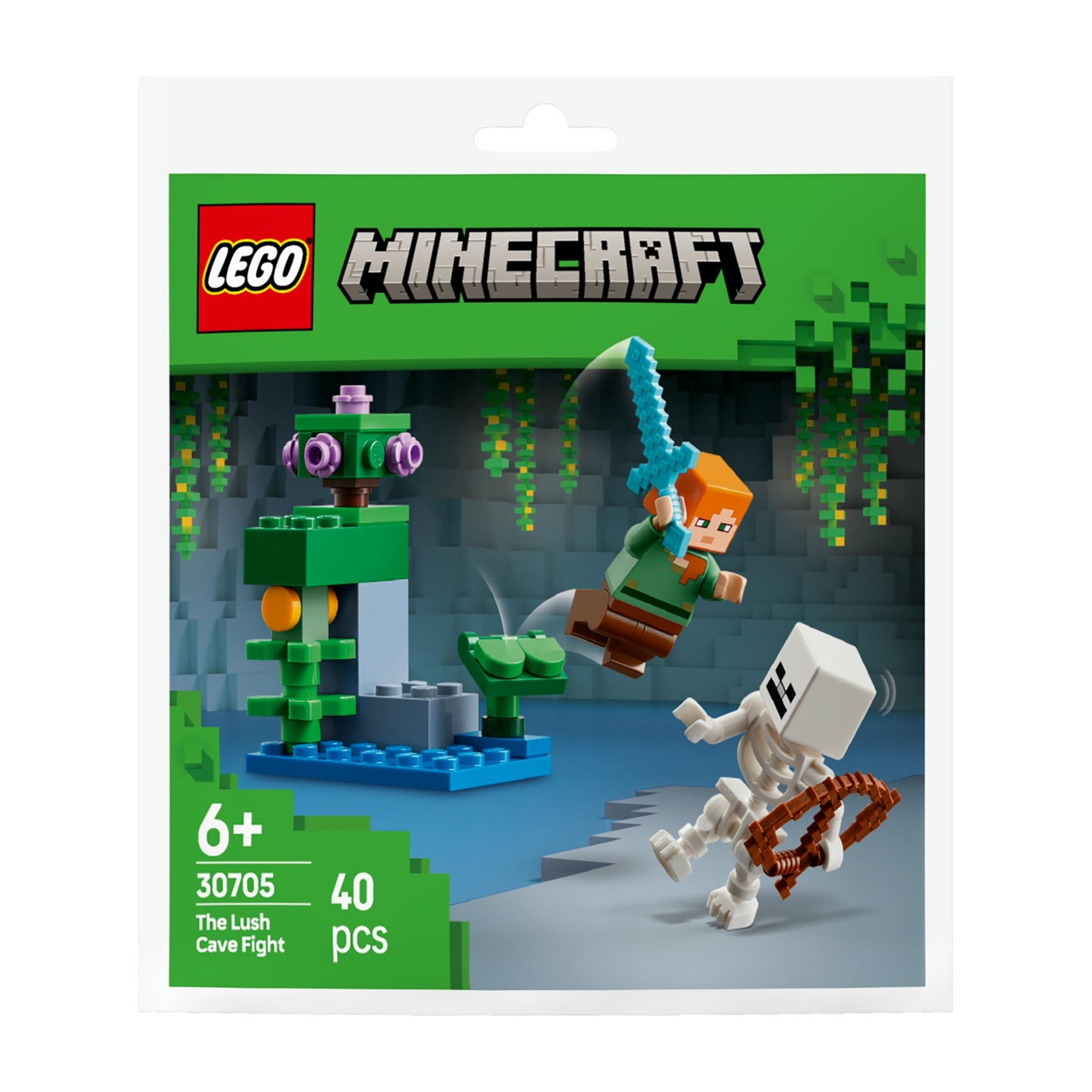 Alex walczy ze szkieletem w jaskini z roślinami i logo Minecraft.