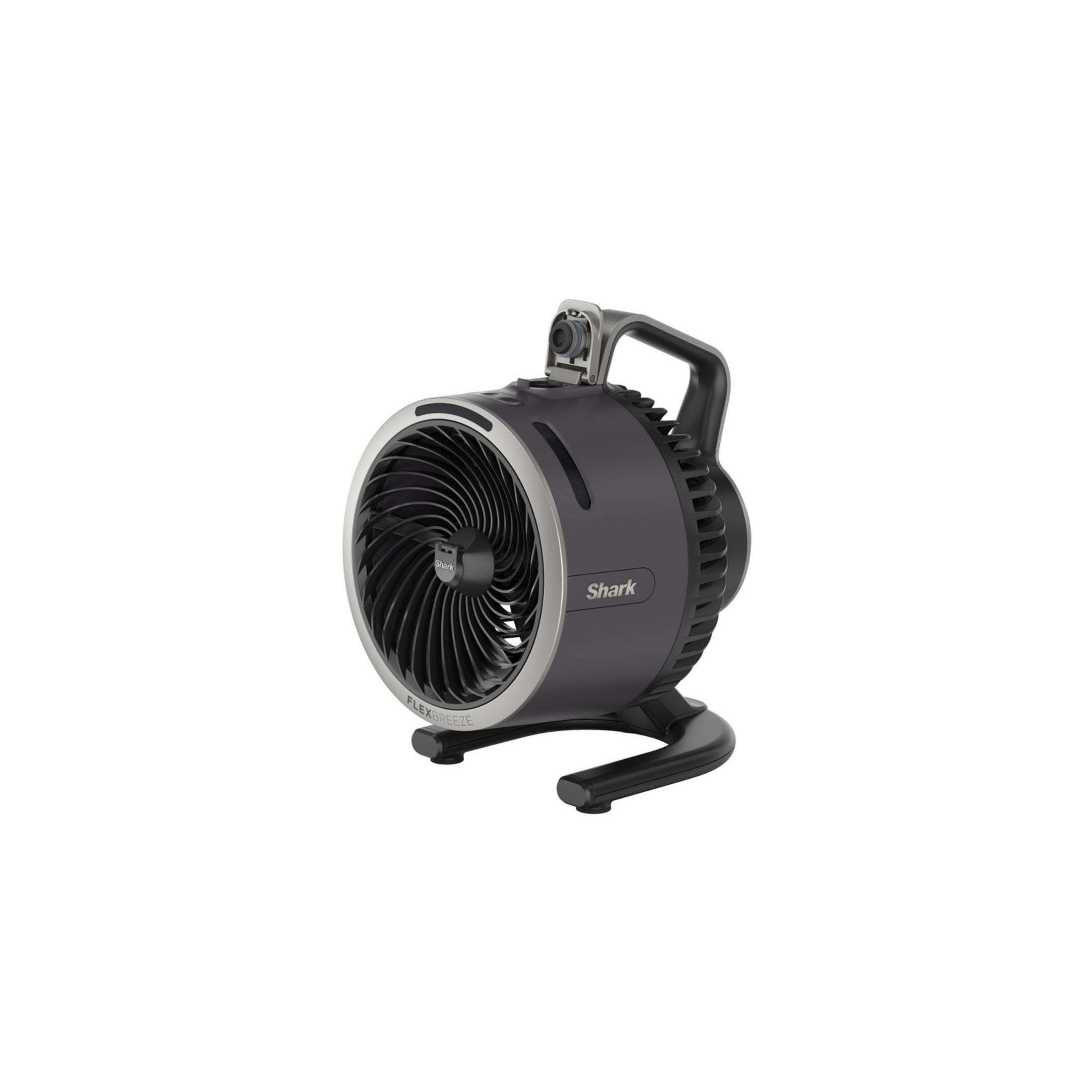 Ein dunkler Shark FlexBreeze Tischventilator mit silbernem Ring und Griff.