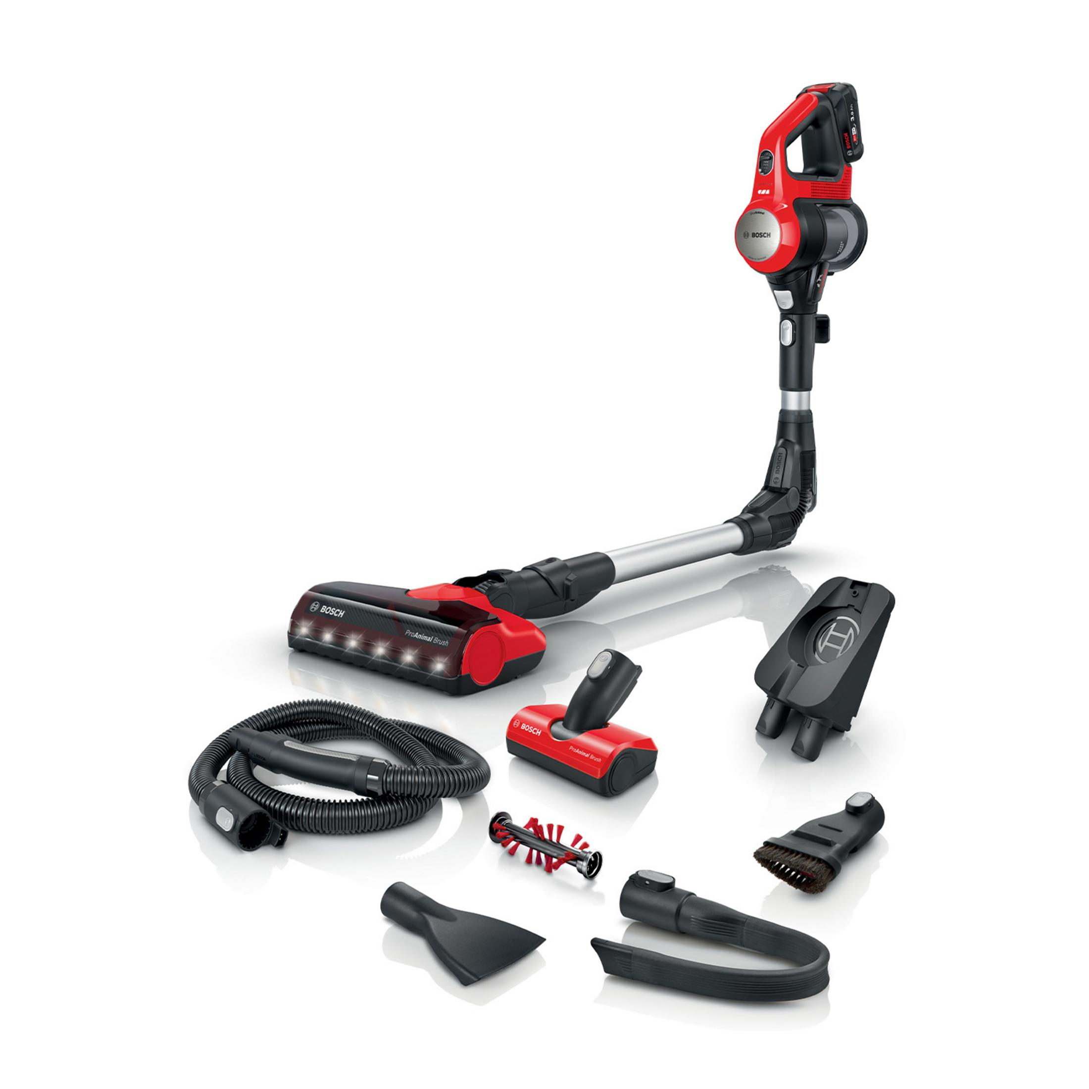 Un aspirapolvere senza fili Bosch rosso e nero con accessori.
