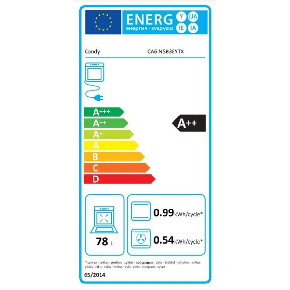Etichetta energetica lavastoviglie Candy CA6 N5B3EYTX, efficienza A++, 78L.
