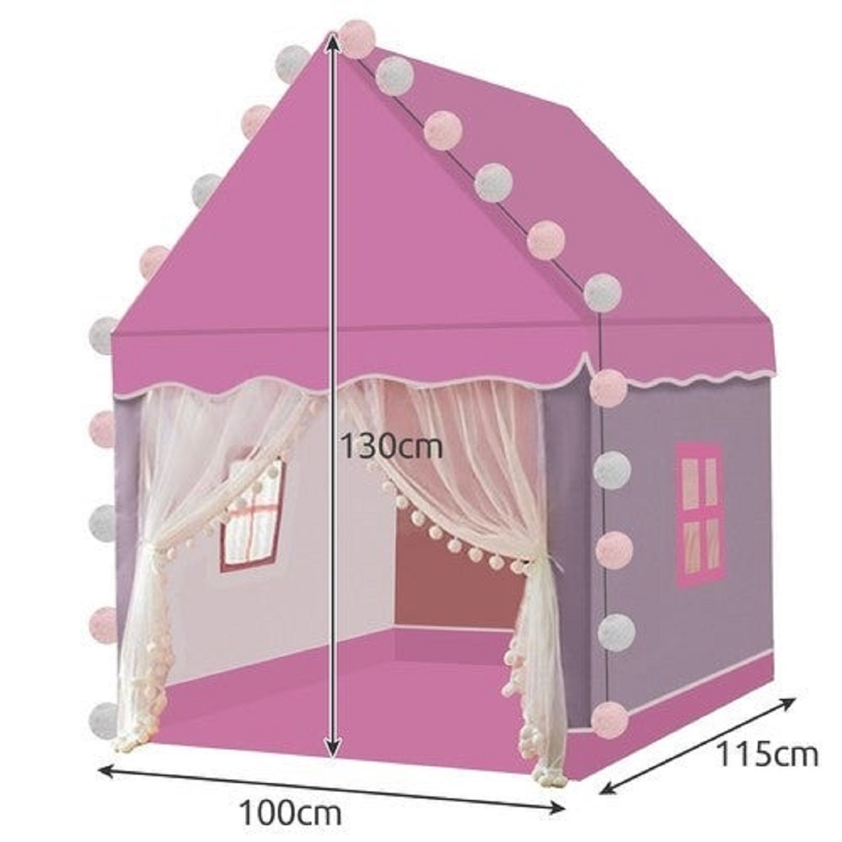 Una carpa de juegos rosa con cortinas blancas y luces de bolas.