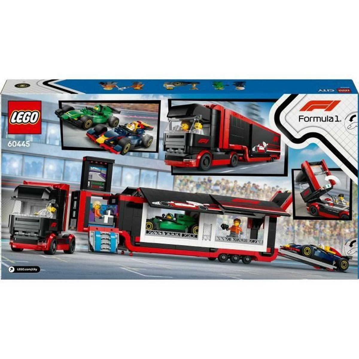 Transporter samochodów F1 Lego z dwoma samochodami i trybuną.