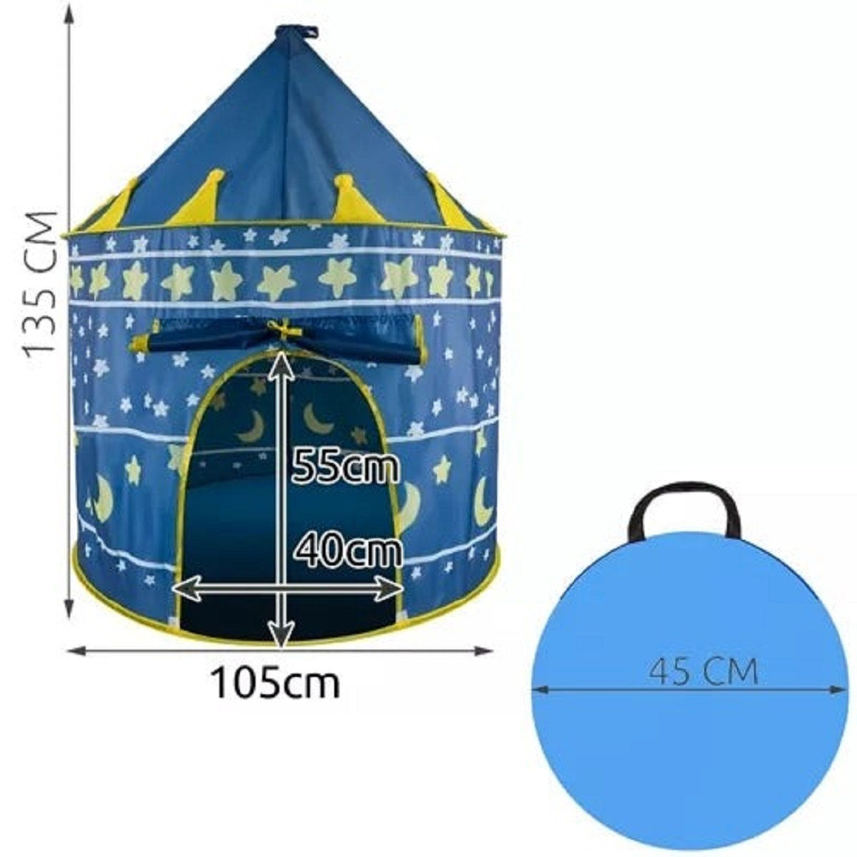 Una carpa de castillo azul con estrellas y lunas amarillas, dimensiones mostradas.