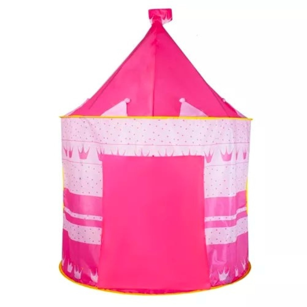 Una carpa rosa brillante de princesa con corona y lunares.