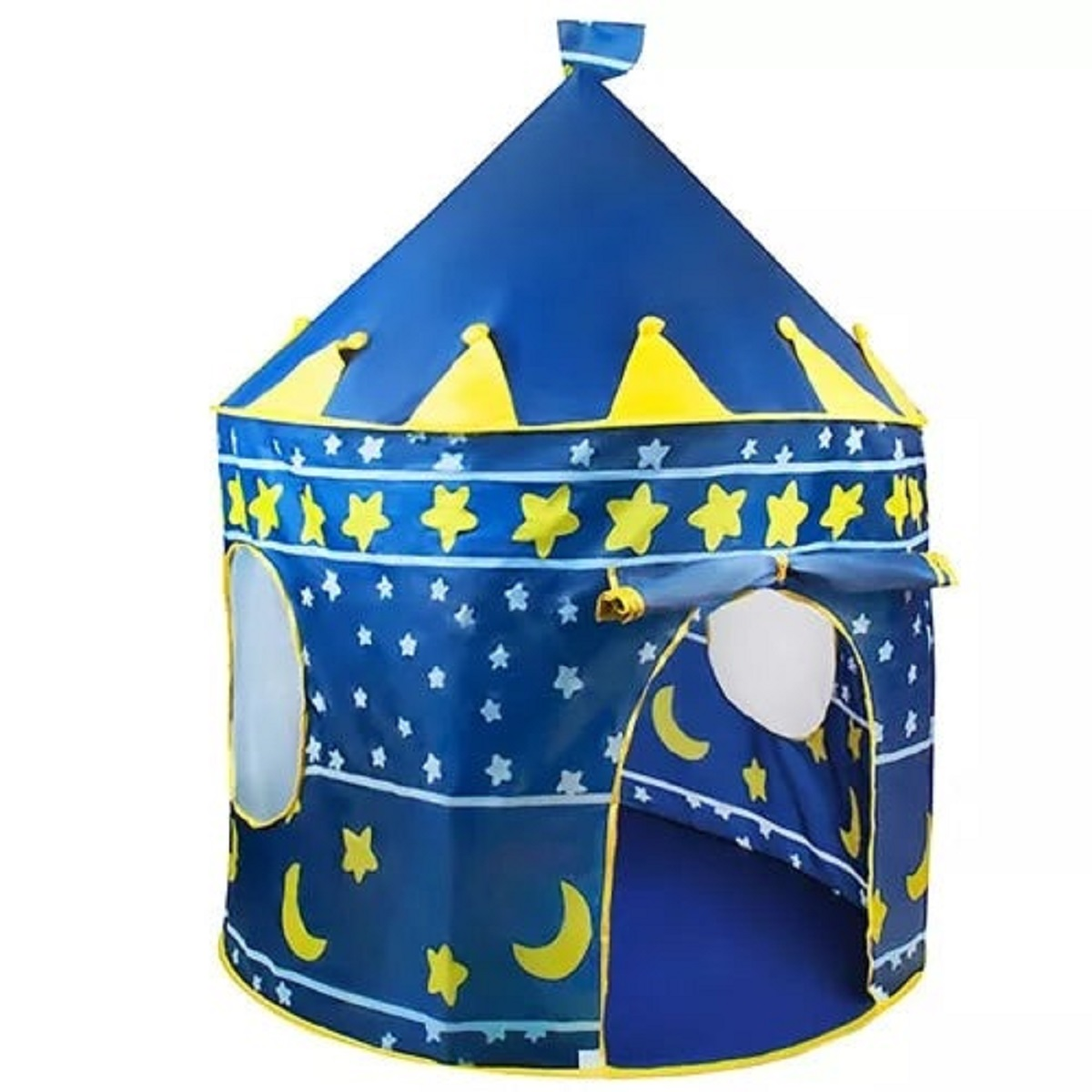 Una carpa de juego azul con estrellas y lunas amarillas, que parece un castillo.