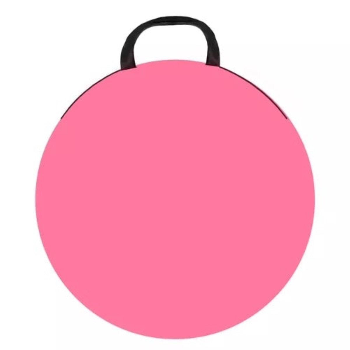 Una pelota redonda y rosa con un asa negra arriba.