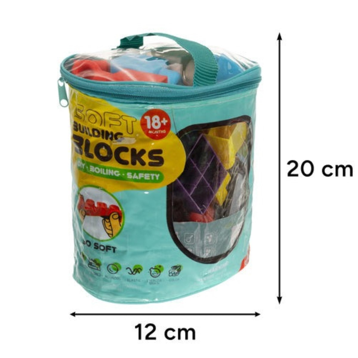 Bolsa turquesa con bloques de construcción blandos, 18+ meses.