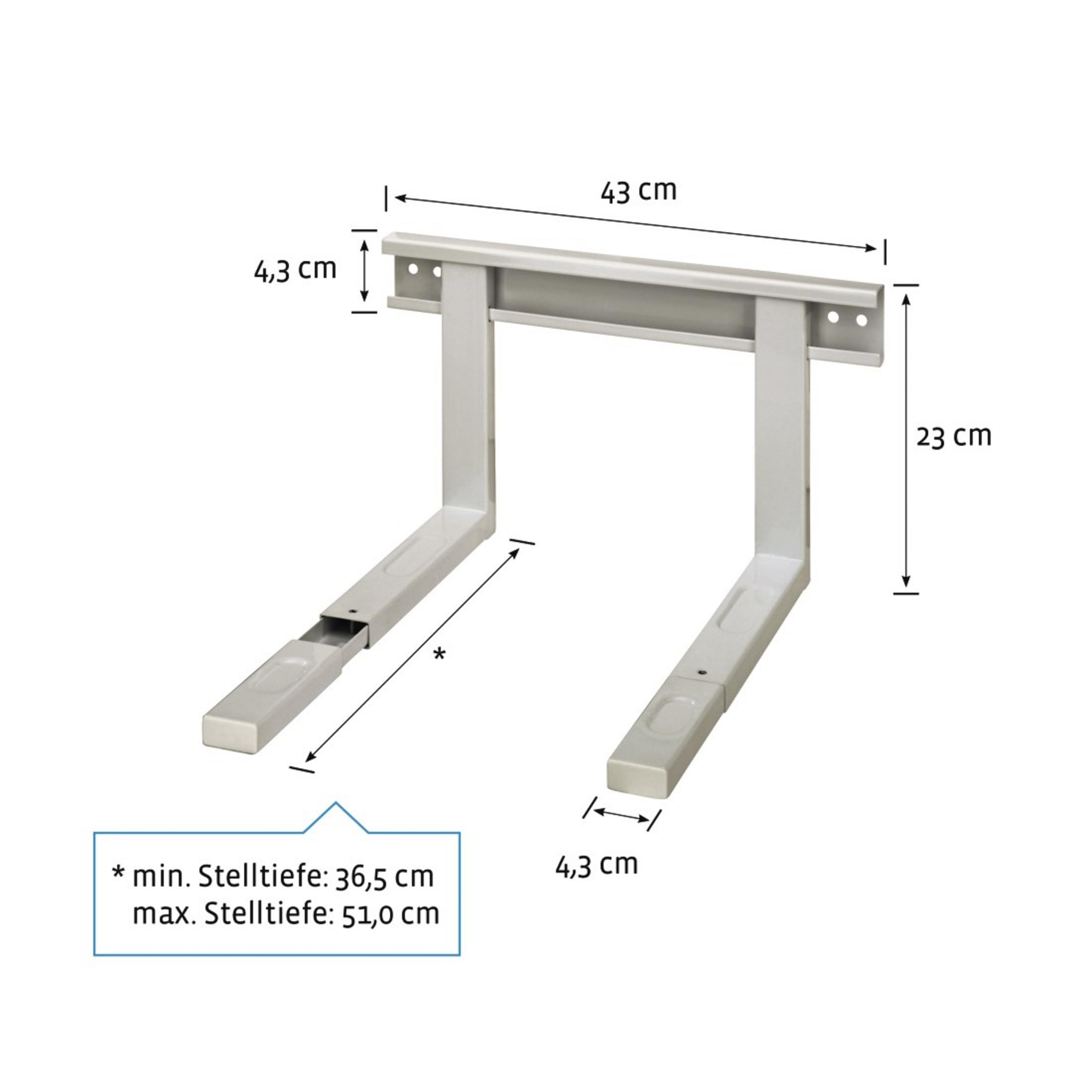 Weiße Halterung mit Maßen 43cm Breite, 23cm Höhe. Verstellbar.