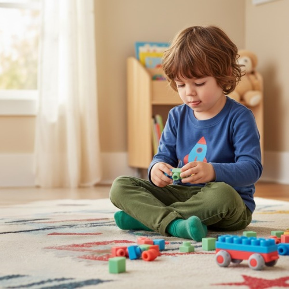 Un niño pequeño juega con bloques de construcción coloridos sobre una alfombra.