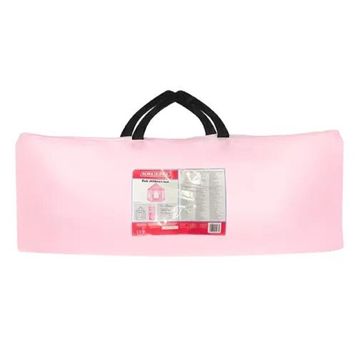 Una bolsa de transporte rosa con asas negras y una etiqueta que muestra una tienda.