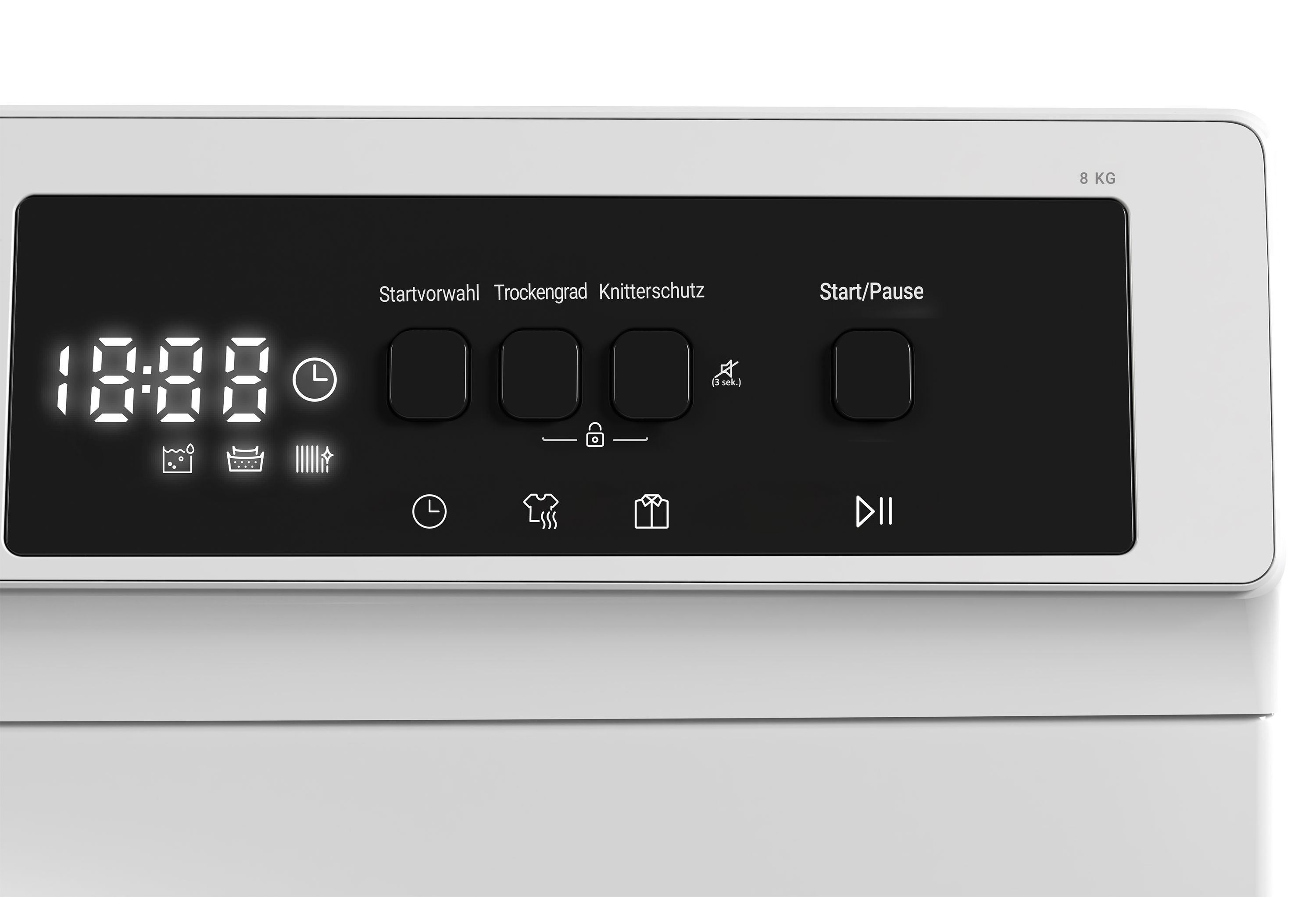 Bedienfeld einer 8 kg Waschmaschine mit digitaler Anzeige und Tasten.