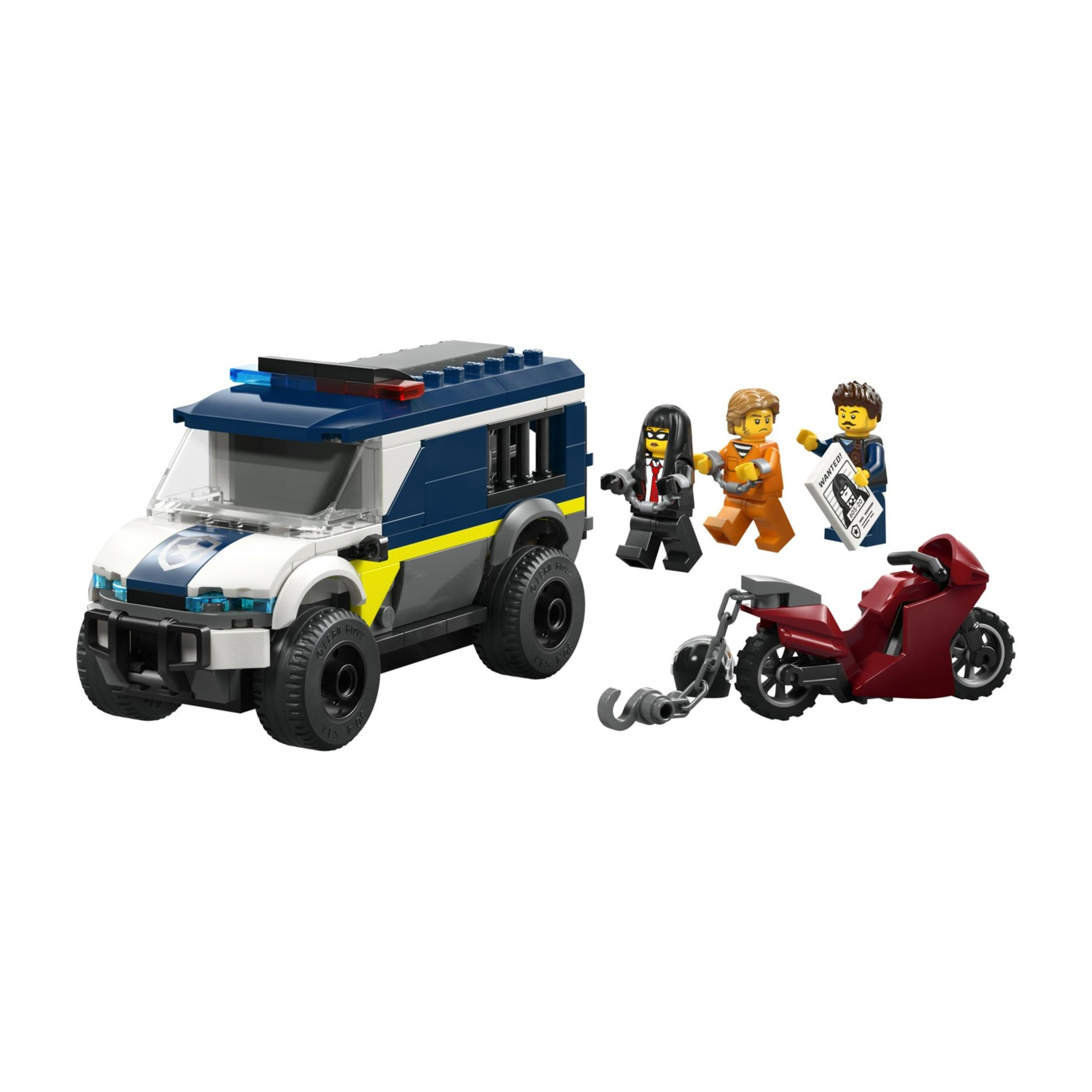 Pojazd policyjny z trzema minifigurkami i motocyklem.