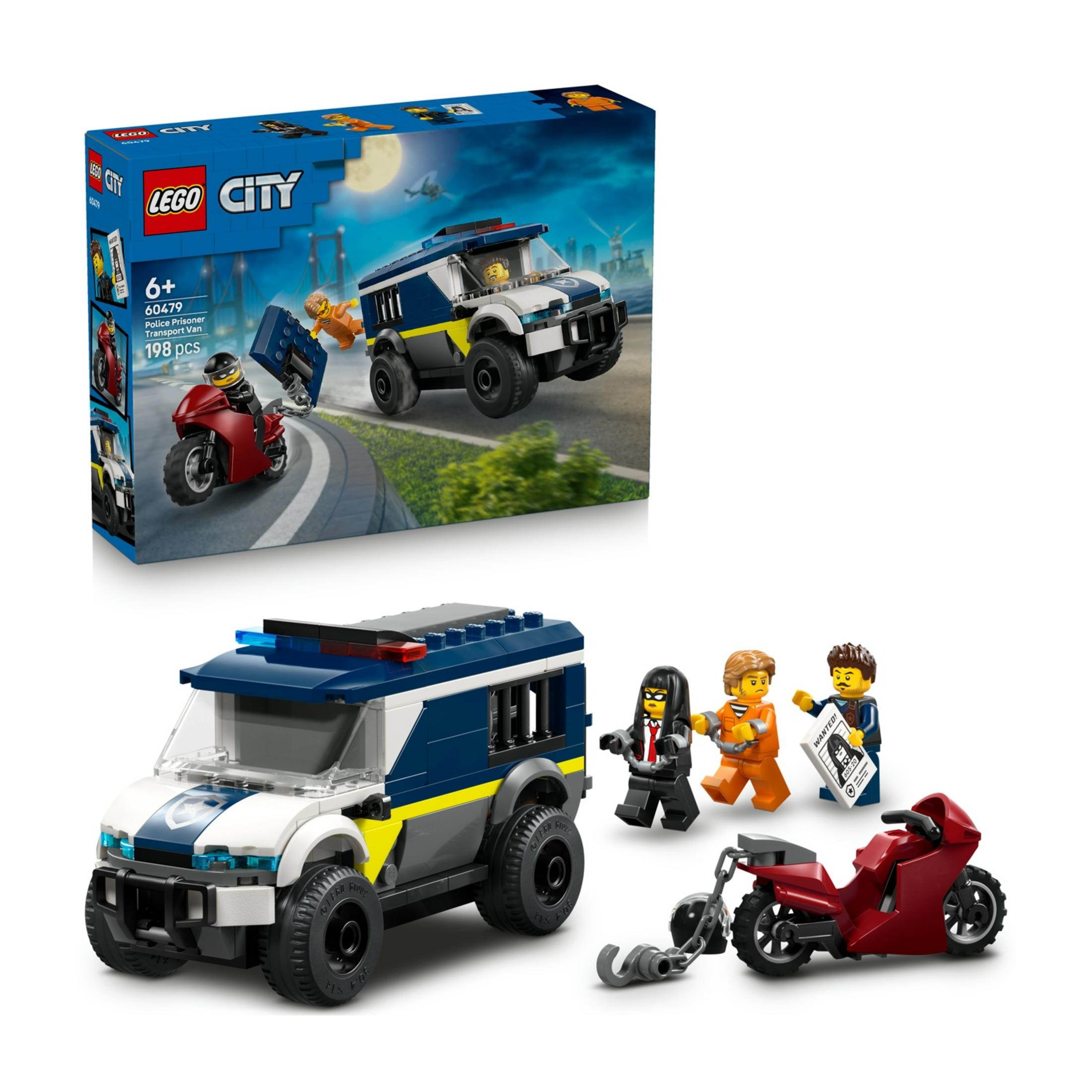 Furgonetka policyjna Lego, motocykl i figurki. Więzień jest transportowany.