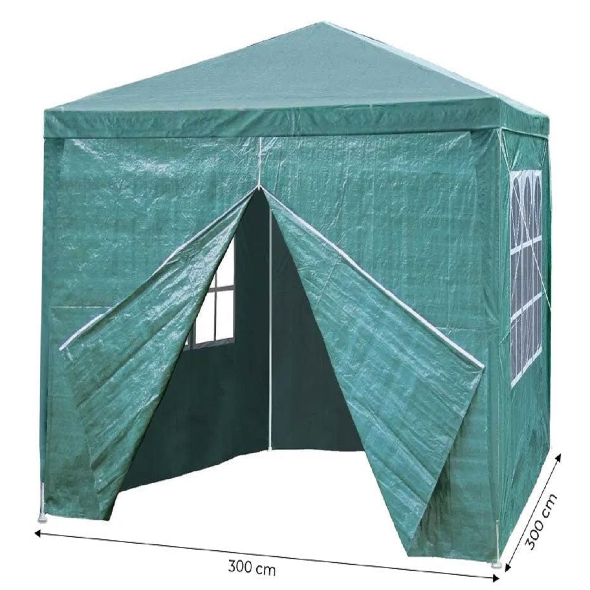 Tienda verde con lados abiertos y ventanas, dimensiones 300x300 cm.