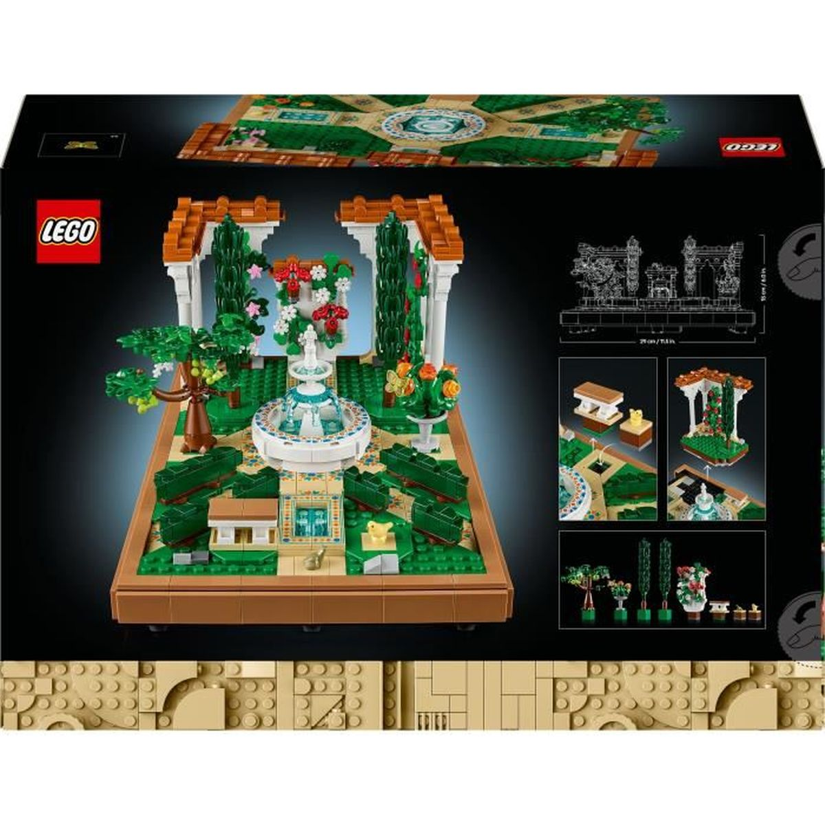 Een LEGO-model van een tuin met fontein, bomen, bloemen en een kleine villa.