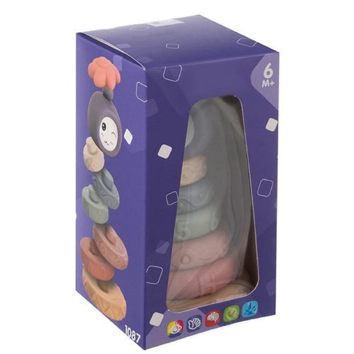Caja con un juguete apilable con anillos coloridos y una cara amigable.