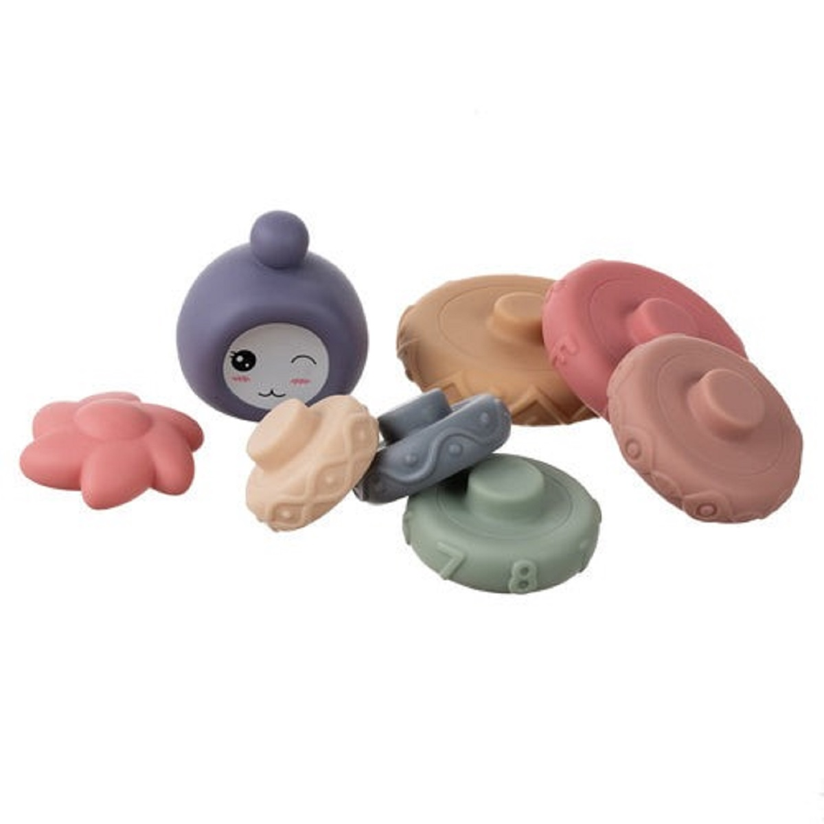 Juguetes de silicona coloridos para bebés en varias formas, incl. una flor y figura.