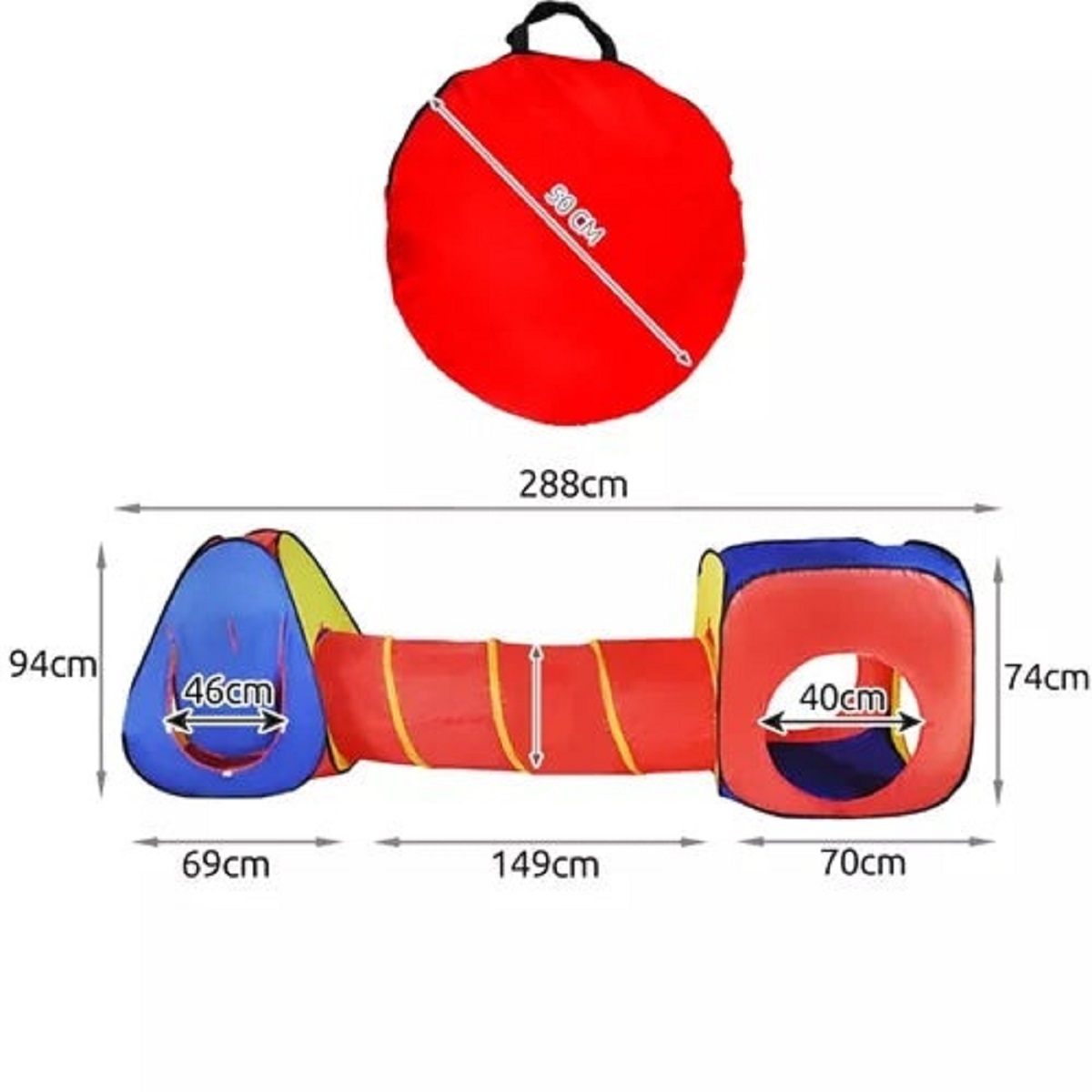 Una carpa de juegos con túnel y cubo, roja, azul, amarilla. Se muestran las dimensiones.