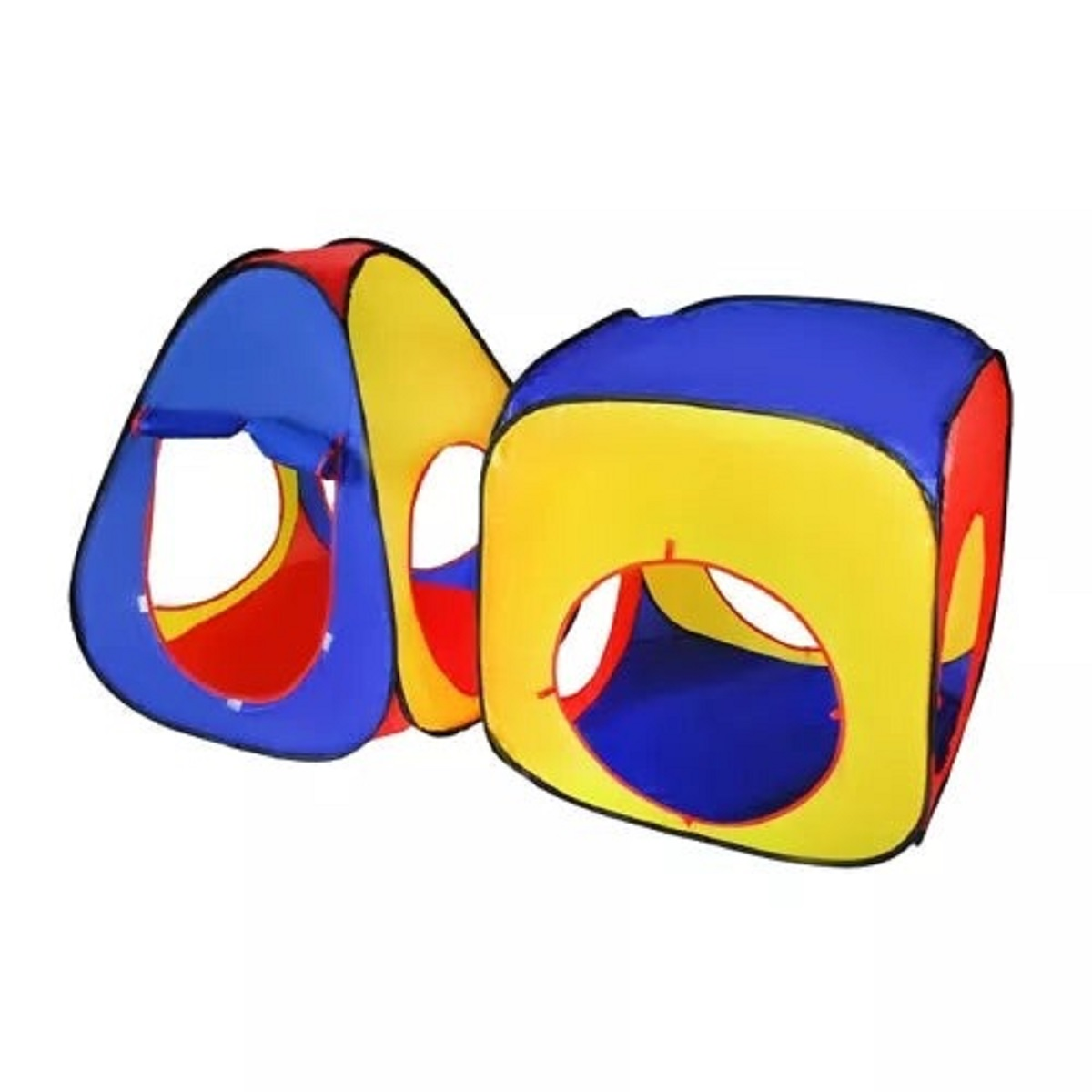 Dos carpas de juego coloridas, un cubo y un triángulo, con aberturas.