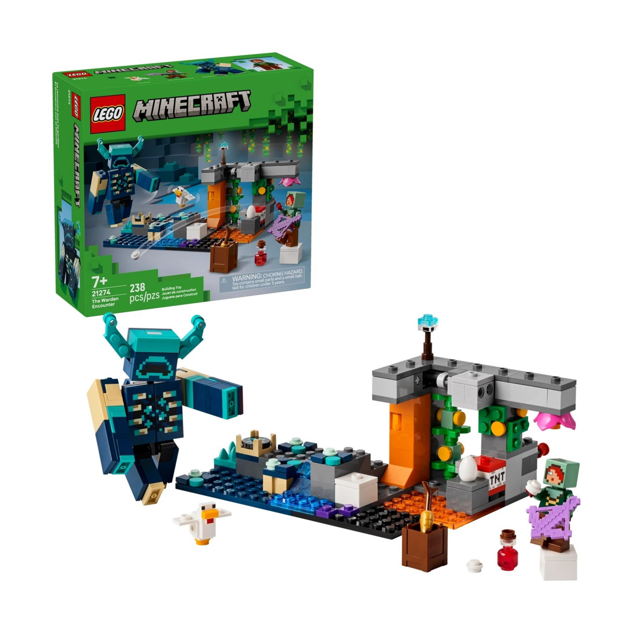 Zestaw Lego Minecraft z postacią Strażnika, kurczakiem i interaktywną sceną.