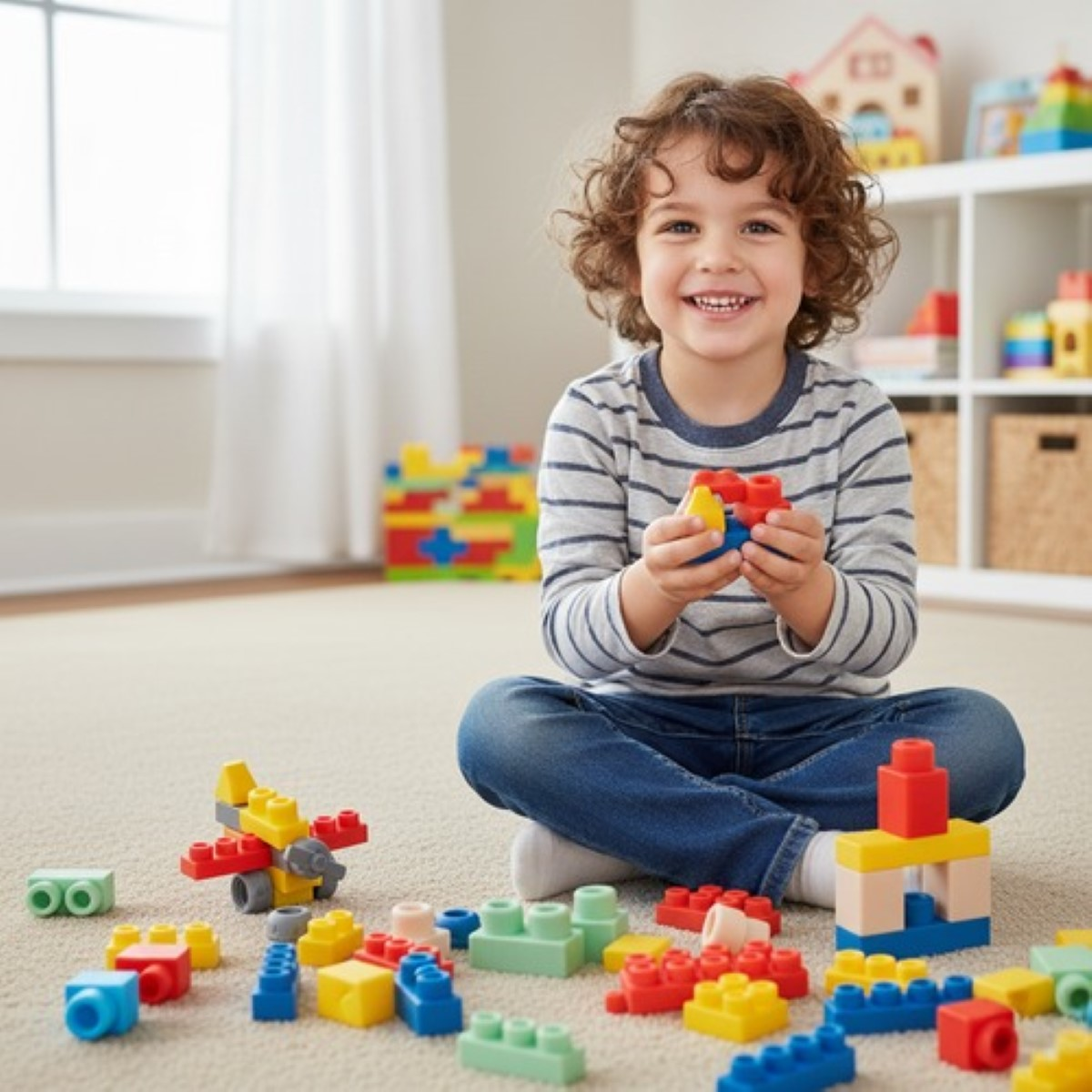 Un niño sonriente se sienta en el suelo jugando con bloques de construcción coloridos.