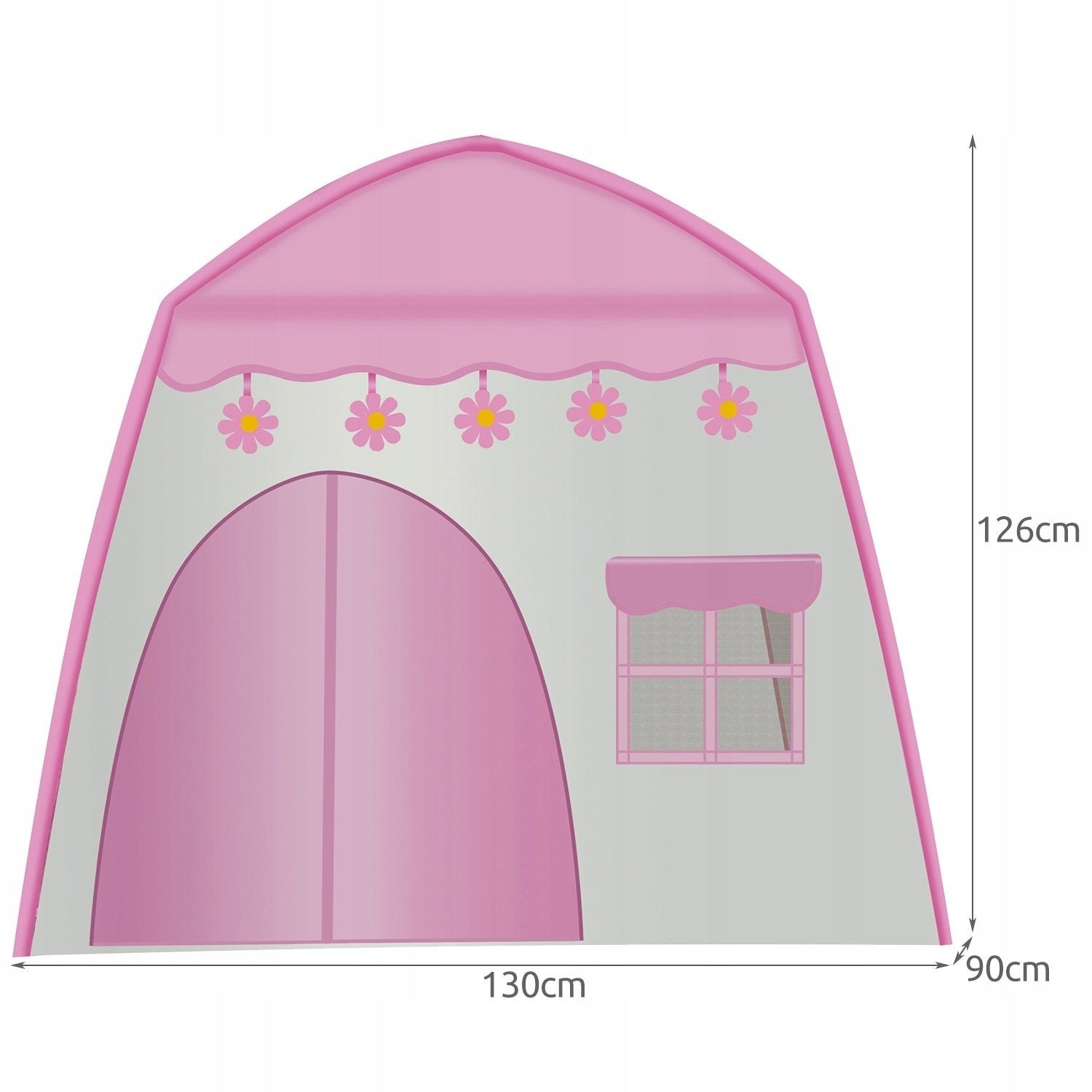 Una carpa de juego rosa con ventana y flores. Dimensiones: 126x90x130cm.