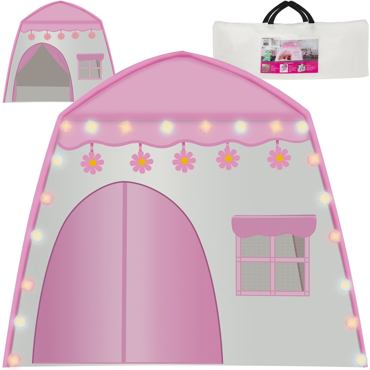 Una tienda rosa y blanca con luces y flores, junto con una bolsa de transporte.