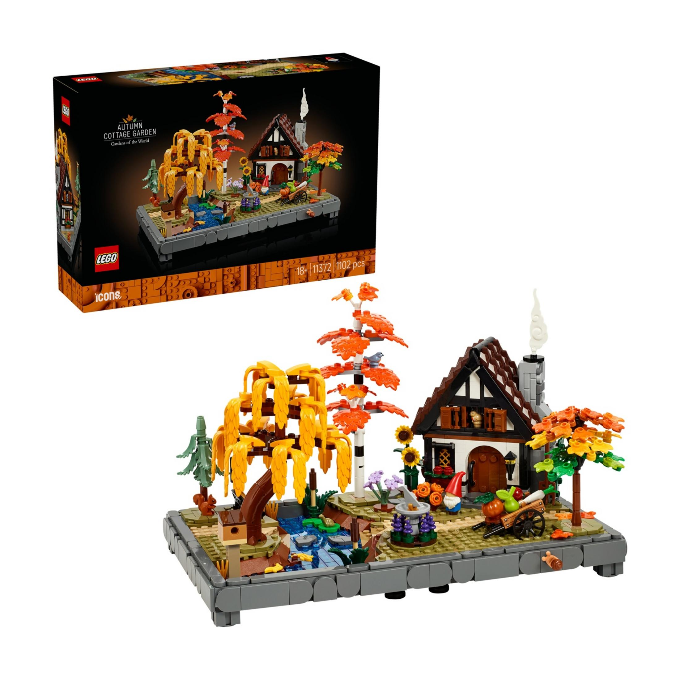 Set Lego Jardín Cabaña Otoño con casa, árboles, estanque, gnomos y carretilla.