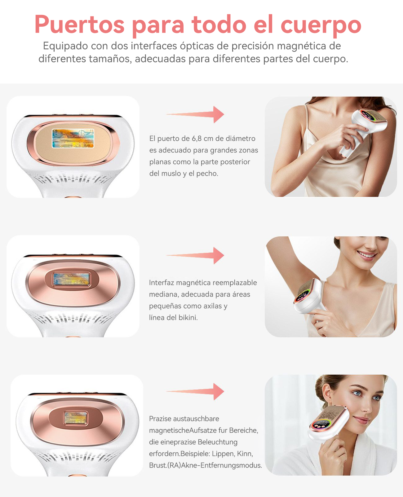 Un dispositivo IPL con tres accesorios para diferentes zonas.