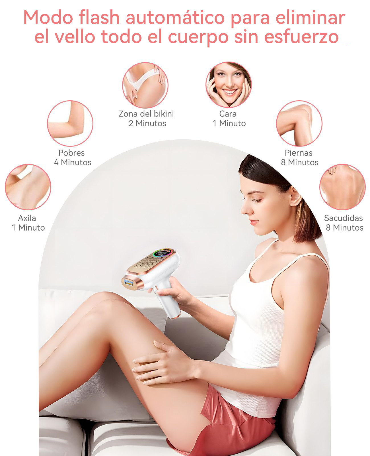 Mujer usa depiladora IPL en pierna, con tiempos por zona corporal.