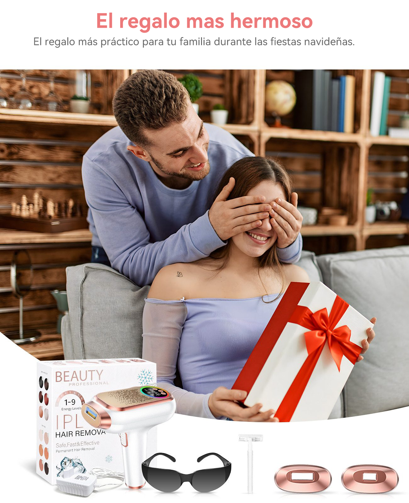 Hombre cubre ojos de mujer con regalo. Depiladora IPL sobre mesa.